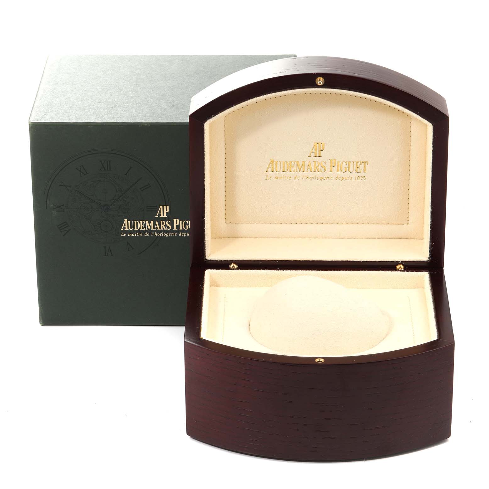 The image shows an open wooden box and an outer box for an Audemars Piguet Royal Oak Men's Yellow Gold Champagne Dial Men's Yellow Gold Champagne Dial watch.