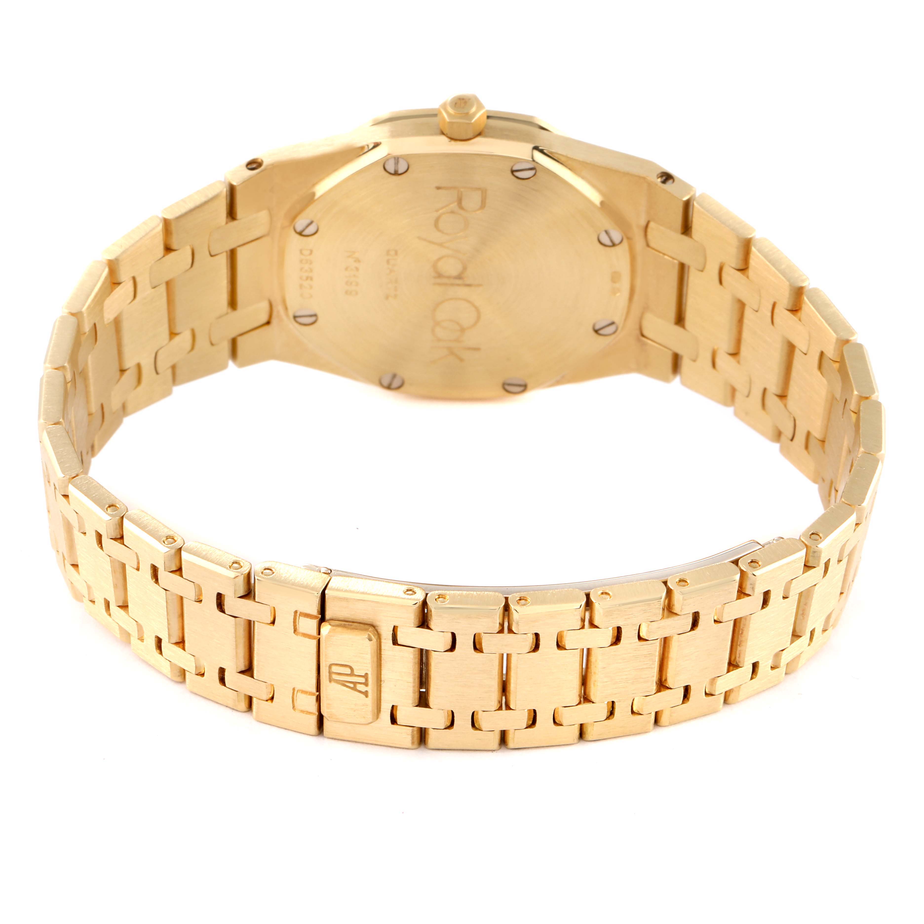 This image shows the back view of the Audemars Piguet Royal Oak Men's Yellow Gold Champagne Dial Men's Yellow Gold Champagne Dial watch, highlighting its clasp and bracelet.