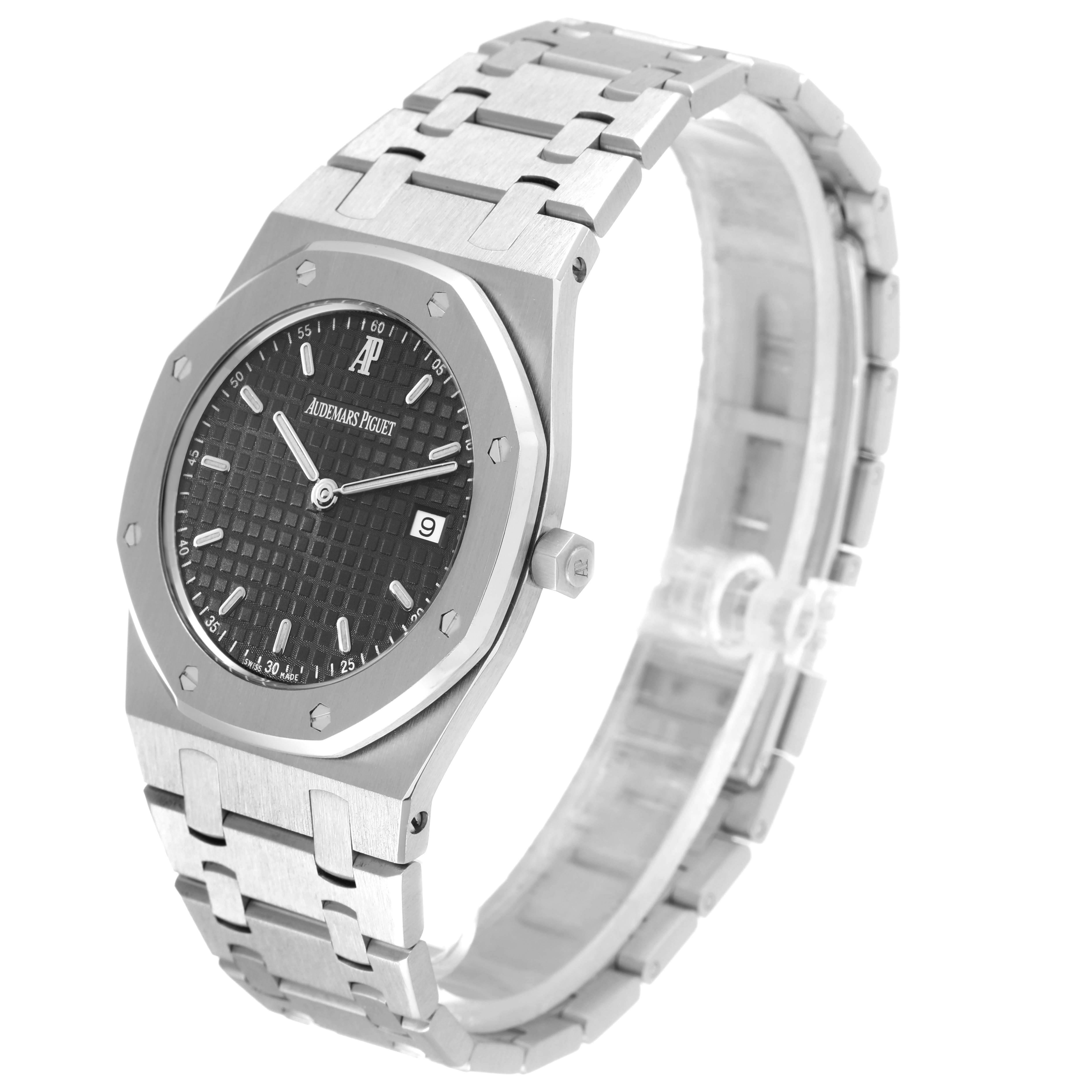 This image shows a side angle view of the Audemars Piguet Royal Oak 56175ST.OO.0789ST.01 Men's Stainless Steel Black Dial 56175ST.OO.0789ST.01 Men's Stainless Steel Black Dial watch, highlighting the dial, bezel, crown, and bracelet.