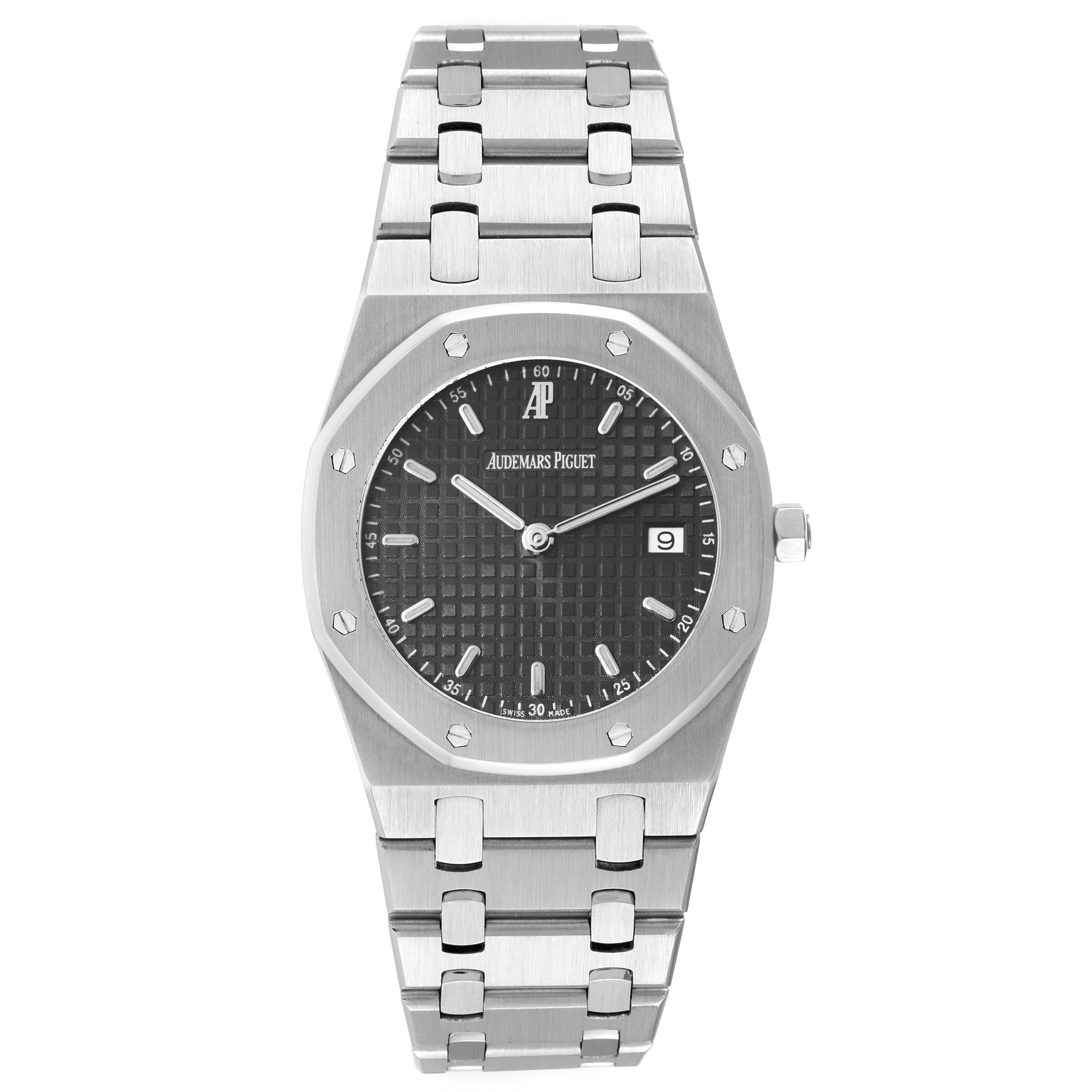 This image shows a front-view angle of the Royal Oak watch by Audemars Piguet, displaying its dial, bezel, and bracelet.