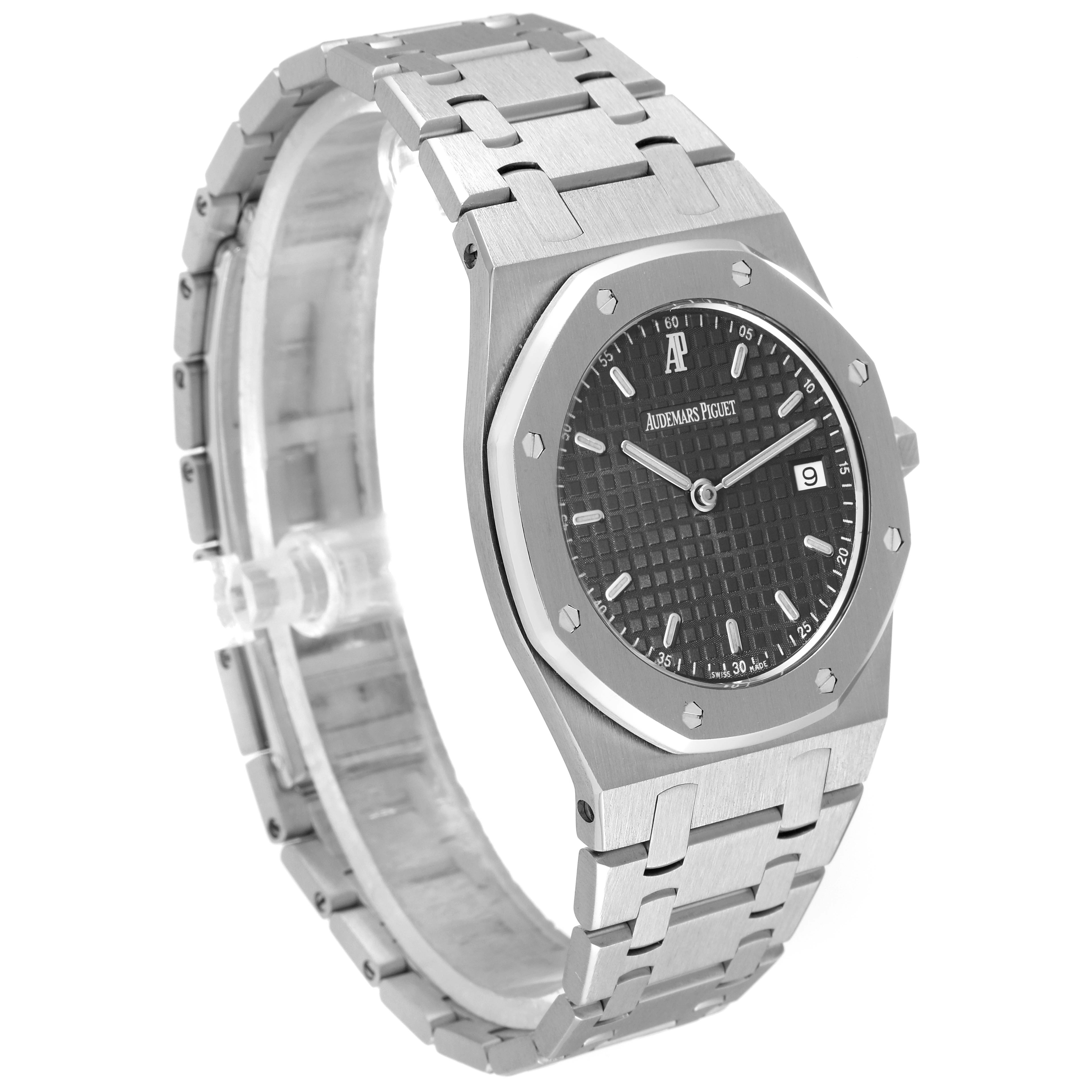 This image shows a front-side angle of the Audemars Piguet Royal Oak 56175ST.OO.0789ST.01 Men's Stainless Steel Black Dial 56175ST.OO.0789ST.01 Men's Stainless Steel Black Dial watch, displaying its face, bezel, and bracelet.