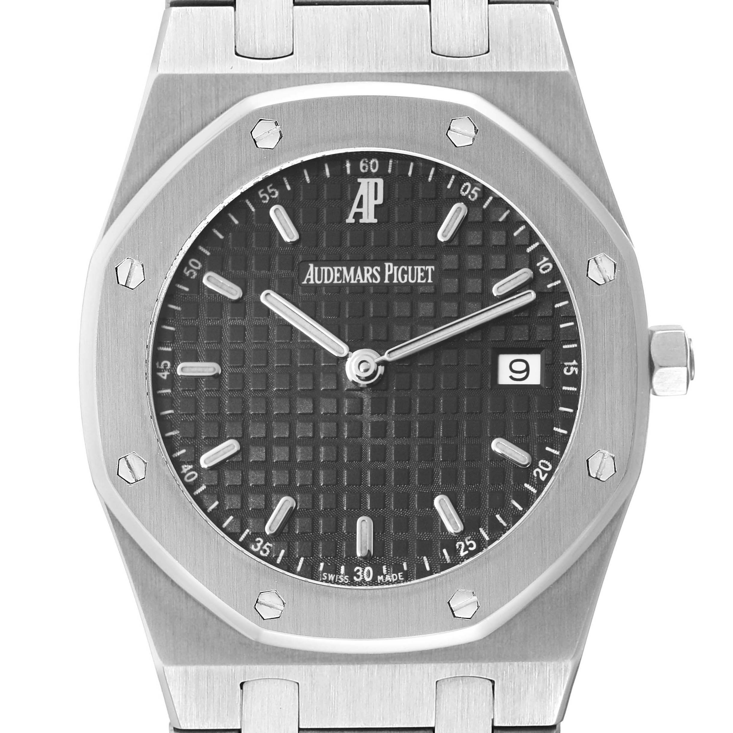 The image shows a front view of the Audemars Piguet Royal Oak 56175ST.OO.0789ST.01 Men's Stainless Steel Black Dial 56175ST.OO.0789ST.01 Men's Stainless Steel Black Dial watch, highlighting its black dial, hands, date window, and casing.