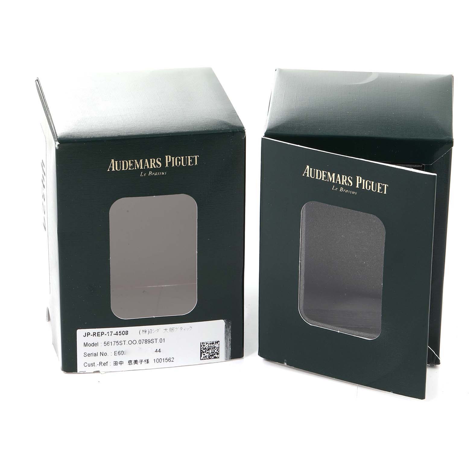 The image shows two boxes used for Audemars Piguet Royal Oak 56175ST.OO.0789ST.01 Men's Stainless Steel Black Dial 56175ST.OO.0789ST.01 Men's Stainless Steel Black Dial watches, viewed from a frontal angle.