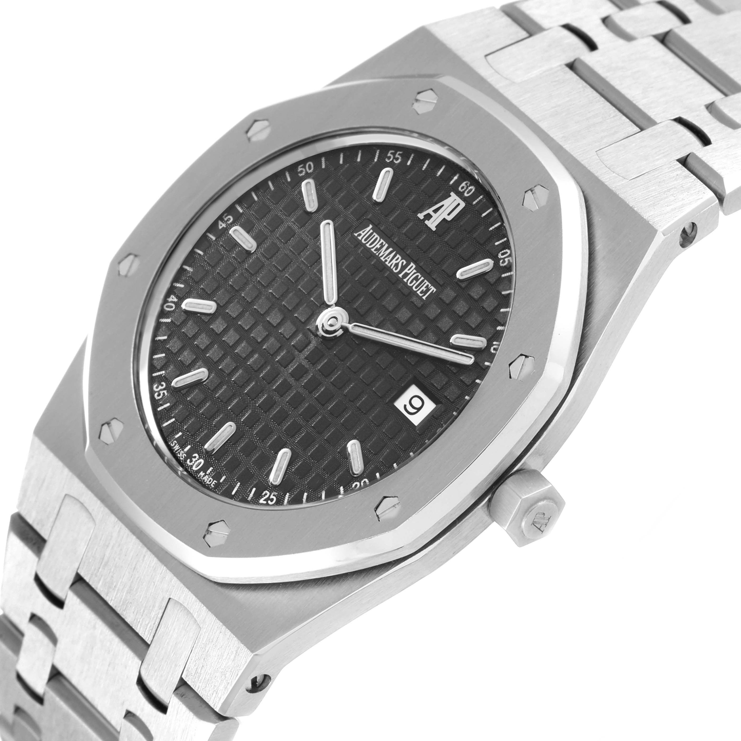 The image shows an angled close-up of an Audemars Piguet Royal Oak 56175ST.OO.0789ST.01 Men's Stainless Steel Black Dial 56175ST.OO.0789ST.01 Men's Stainless Steel Black Dial watch, highlighting its face, bezel, and part of the bracelet.