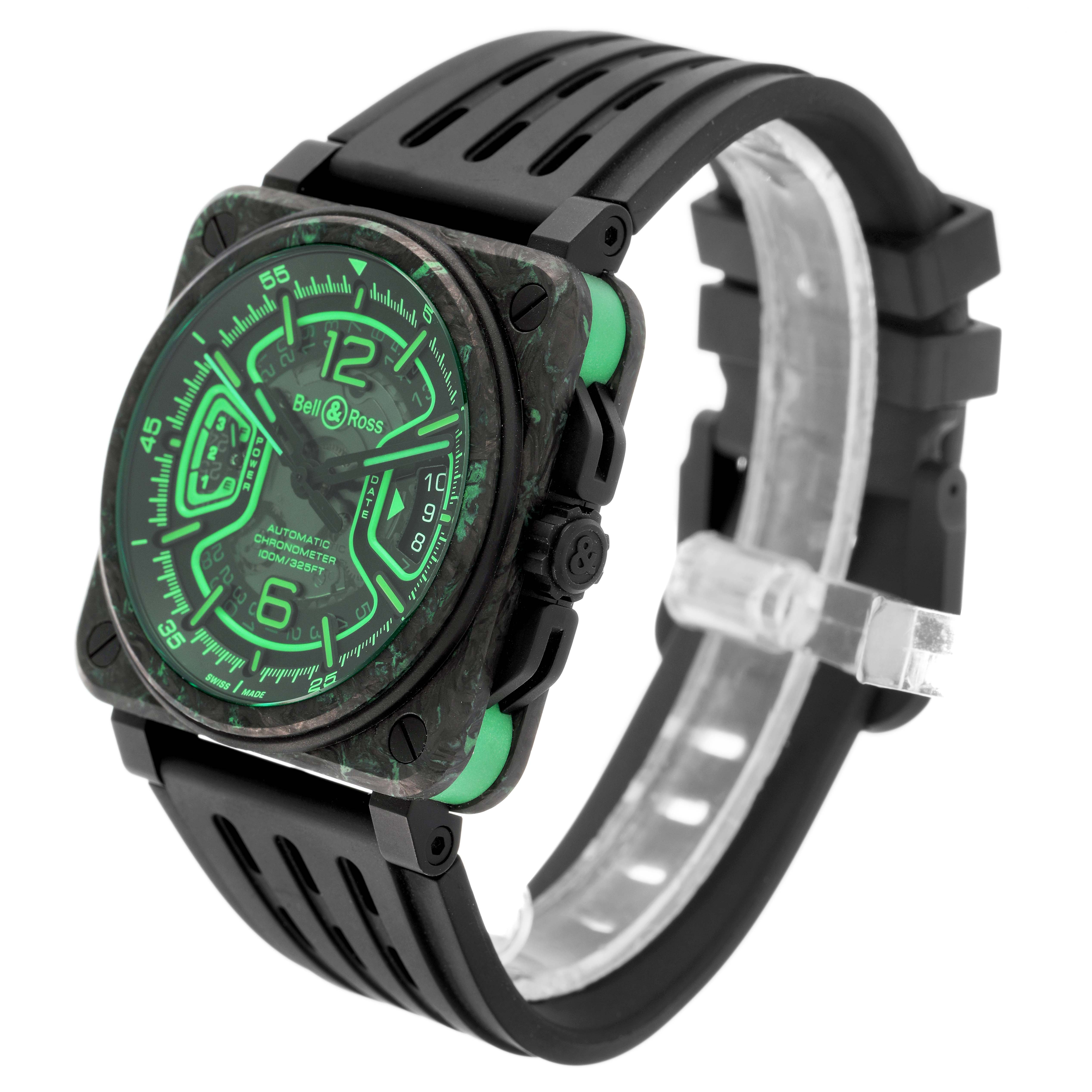 The Bell & Ross Instruments BRX3R-GN-CA/SRB Men's Titanium Transparent Dial watch is shown at a front-side angle, highlighting its green dial, square case, and black strap.