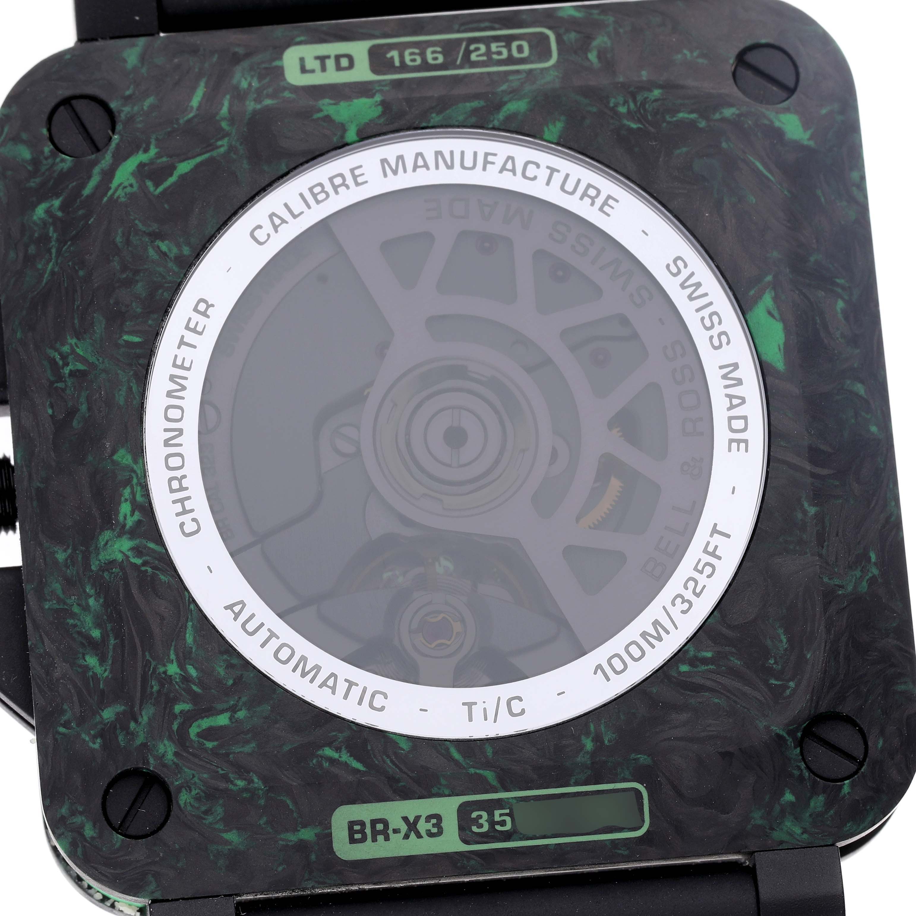 The image shows the back of a Bell & Ross Instruments BRX3R-GN-CA/SRB Men's Titanium Transparent Dial BR-X3 watch, highlighting its caliber, limited edition number, and Swiss Made label.