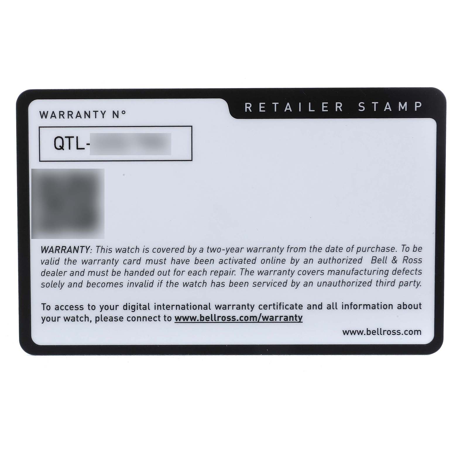 The image shows a Bell & Ross Instruments BRX3R-GN-CA/SRB Men's Titanium Transparent Dial model warranty card, displaying warranty details and contact info.