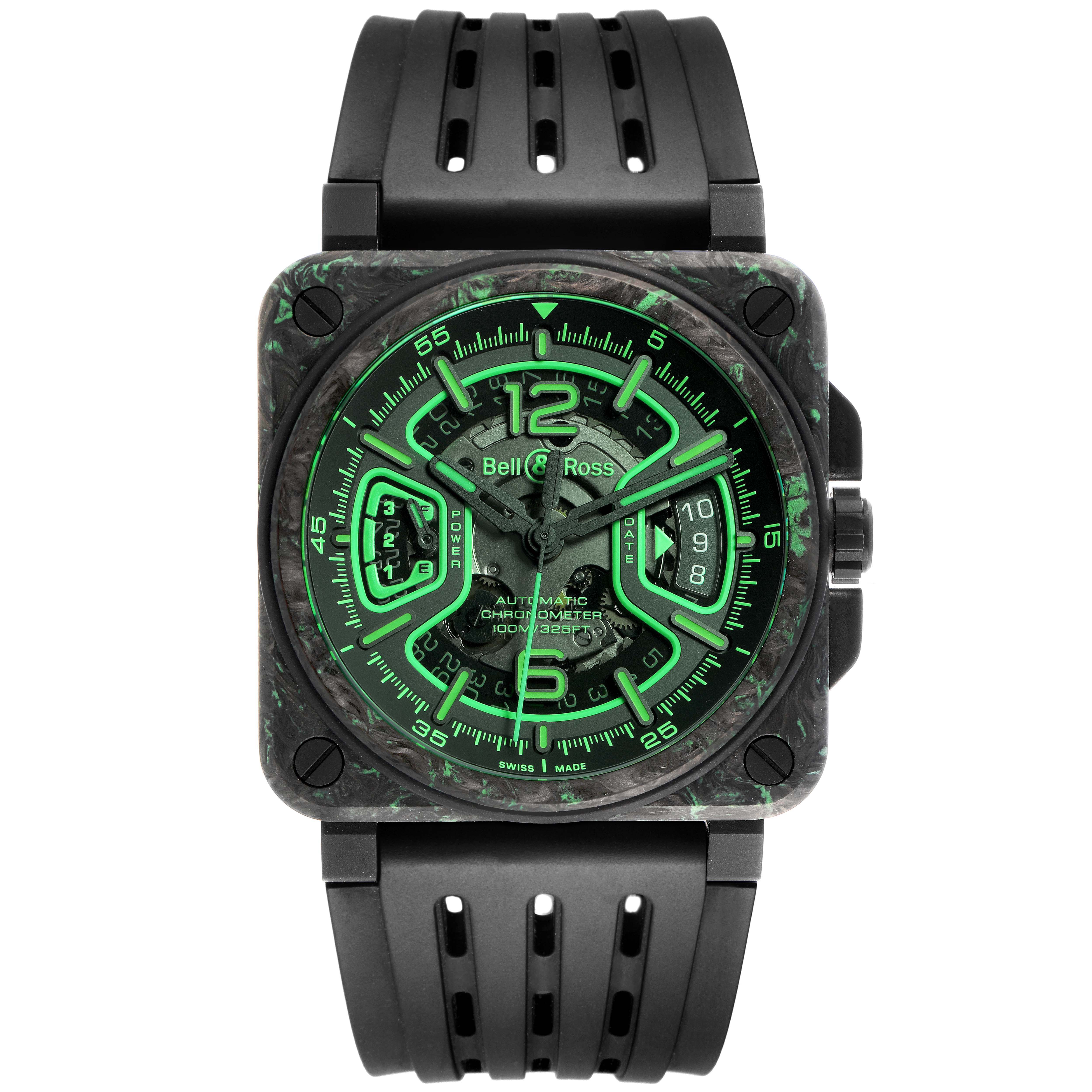 The Bell & Ross Instruments BRX3R-GN-CA/SRB Men's Titanium Transparent Dial model watch is shown from a front angle, displaying its luminous green dial and black rubber strap.