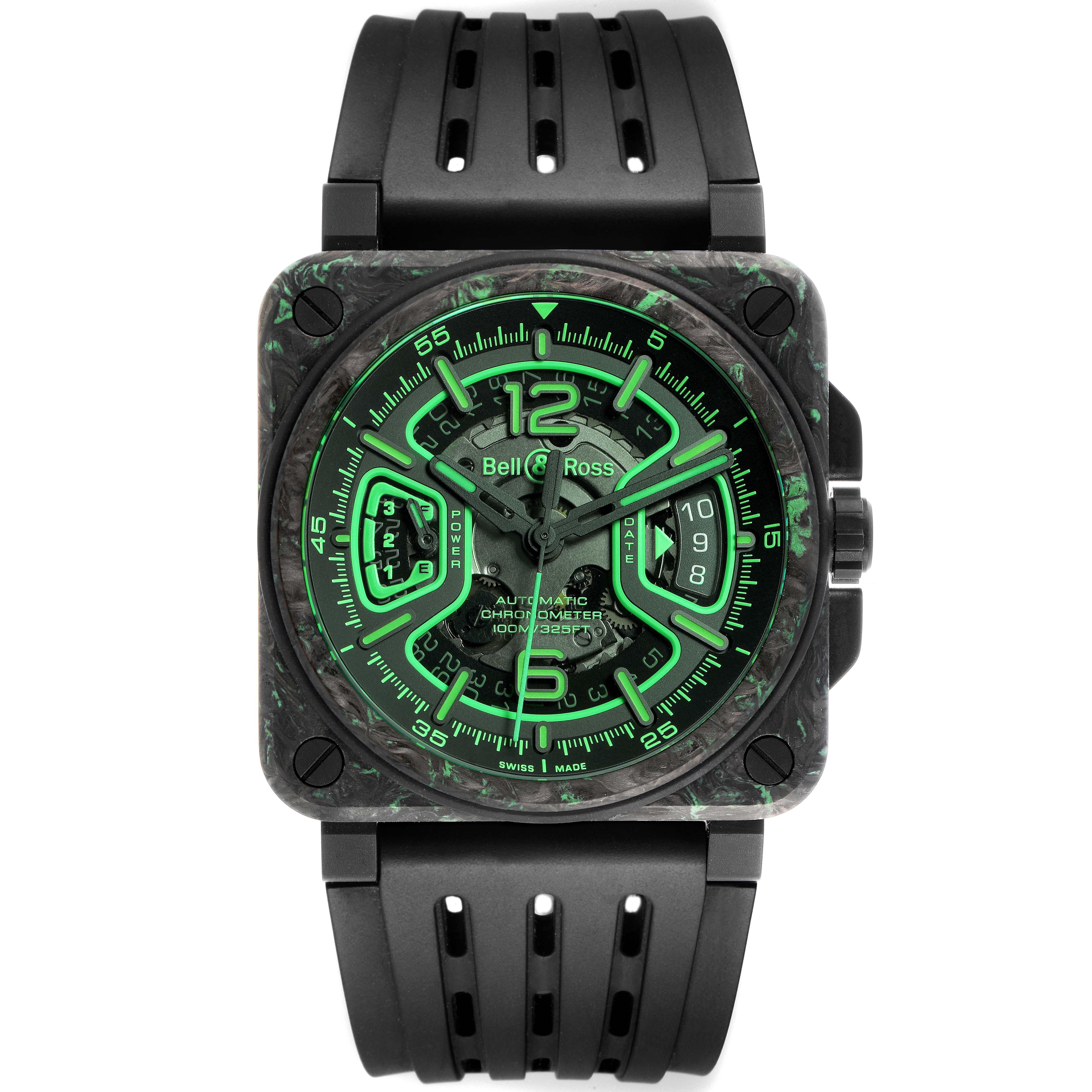 The Bell & Ross Instruments BRX3R-GN-CA/SRB Men's Titanium Transparent Dial model is shown from a front angle, displaying the full watch face and strap.