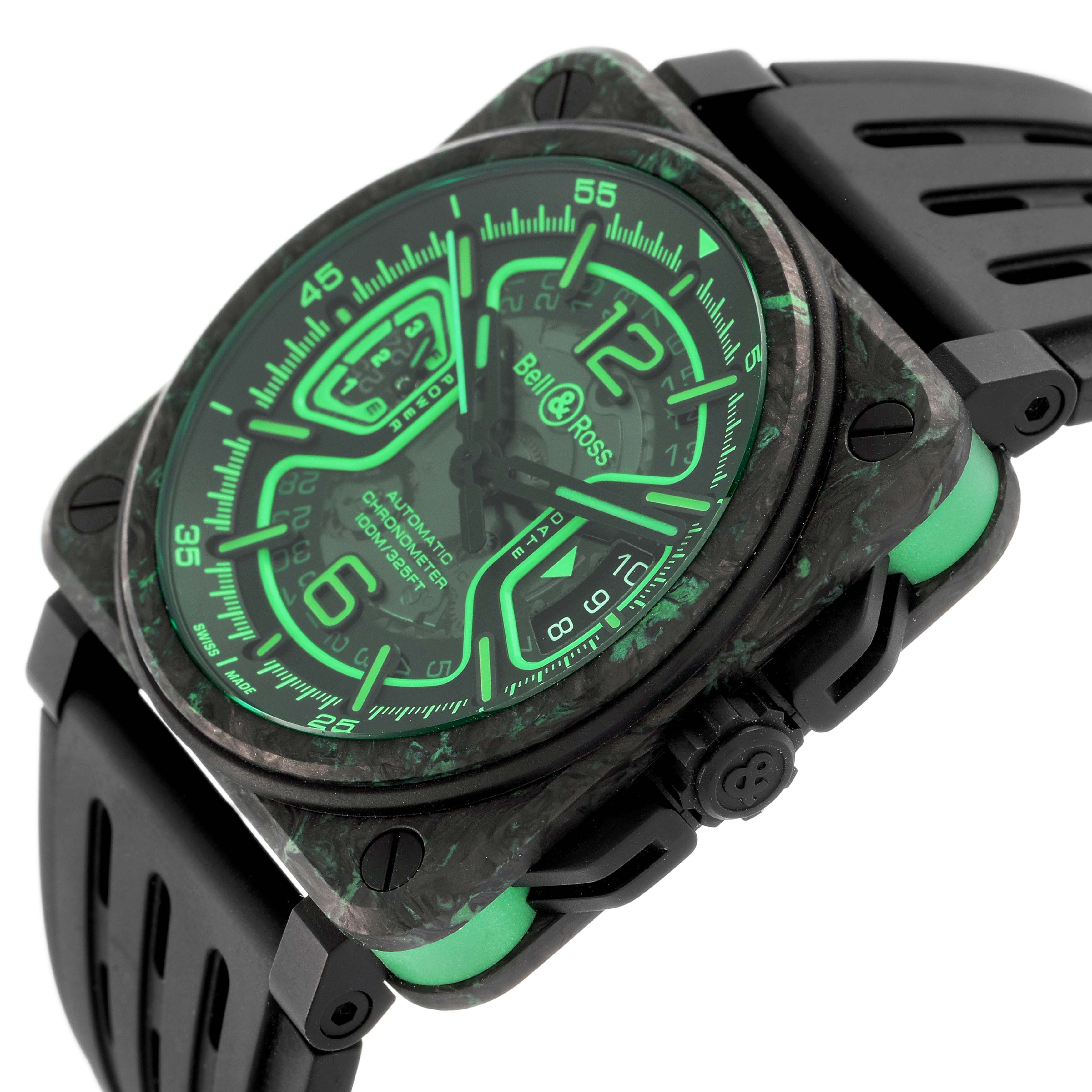 The Bell & Ross Instruments BRX3R-GN-CA/SRB Men's Titanium Transparent Dial watch is shown at an angled side view, highlighting the green dial, square case, and black strap.
