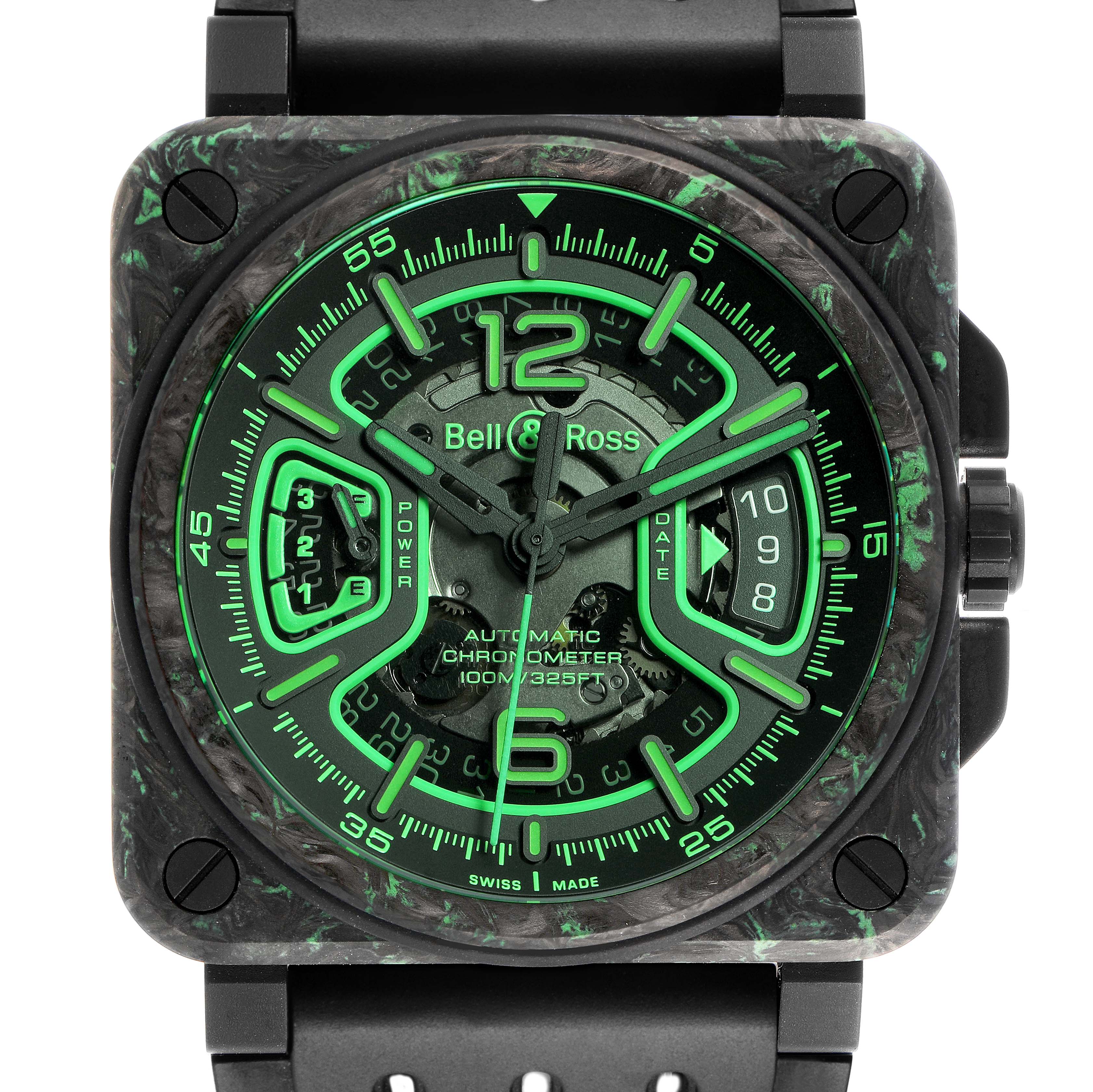 The Bell & Ross Instruments BRX3R-GN-CA/SRB Men's Titanium Transparent Dial model is shown from a front angle, highlighting the dial, case, and strap attachment.