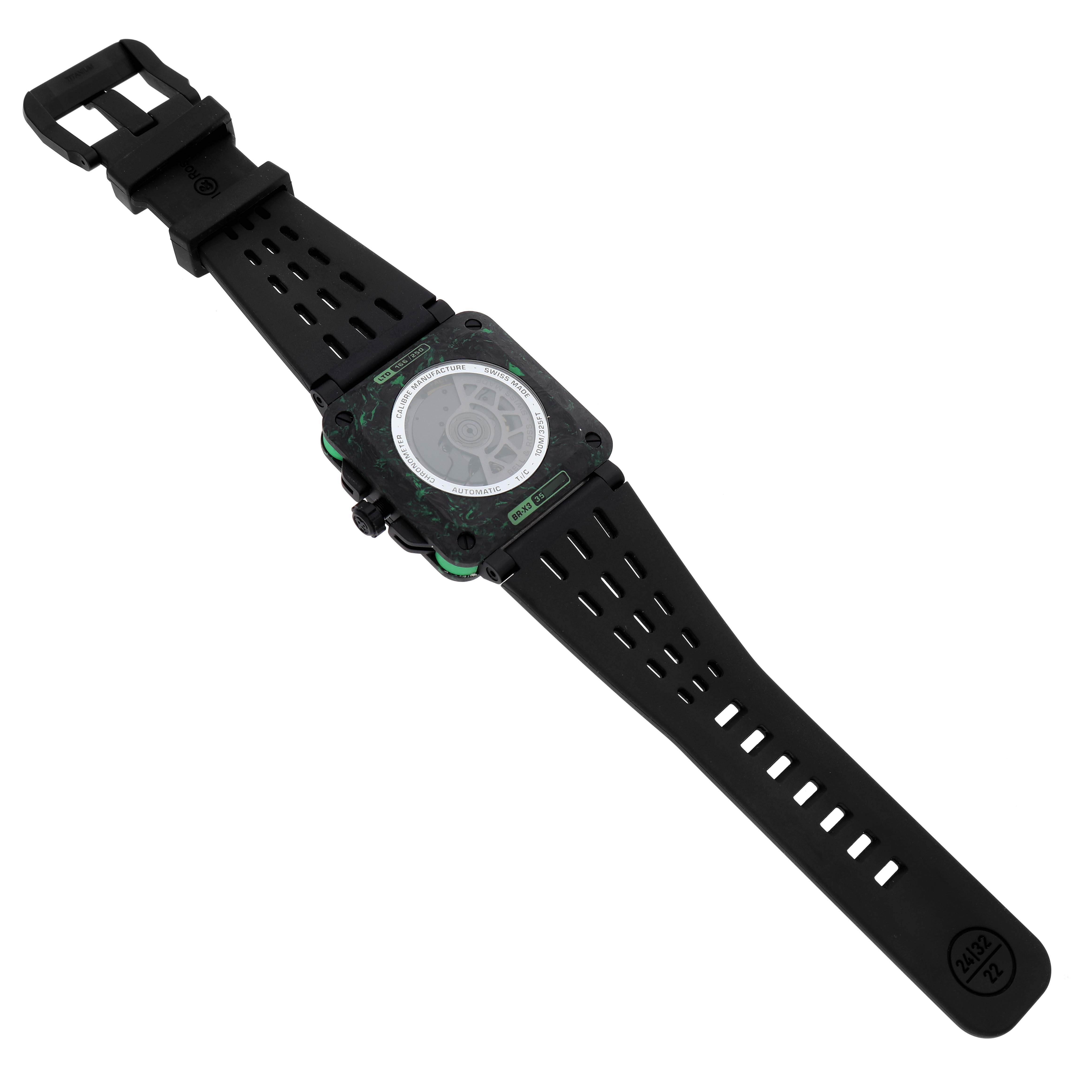 The Bell & Ross Instruments BRX3R-GN-CA/SRB Men's Titanium Transparent Dial watch is shown at an angled top view, highlighting its strap, square case, and buckle.