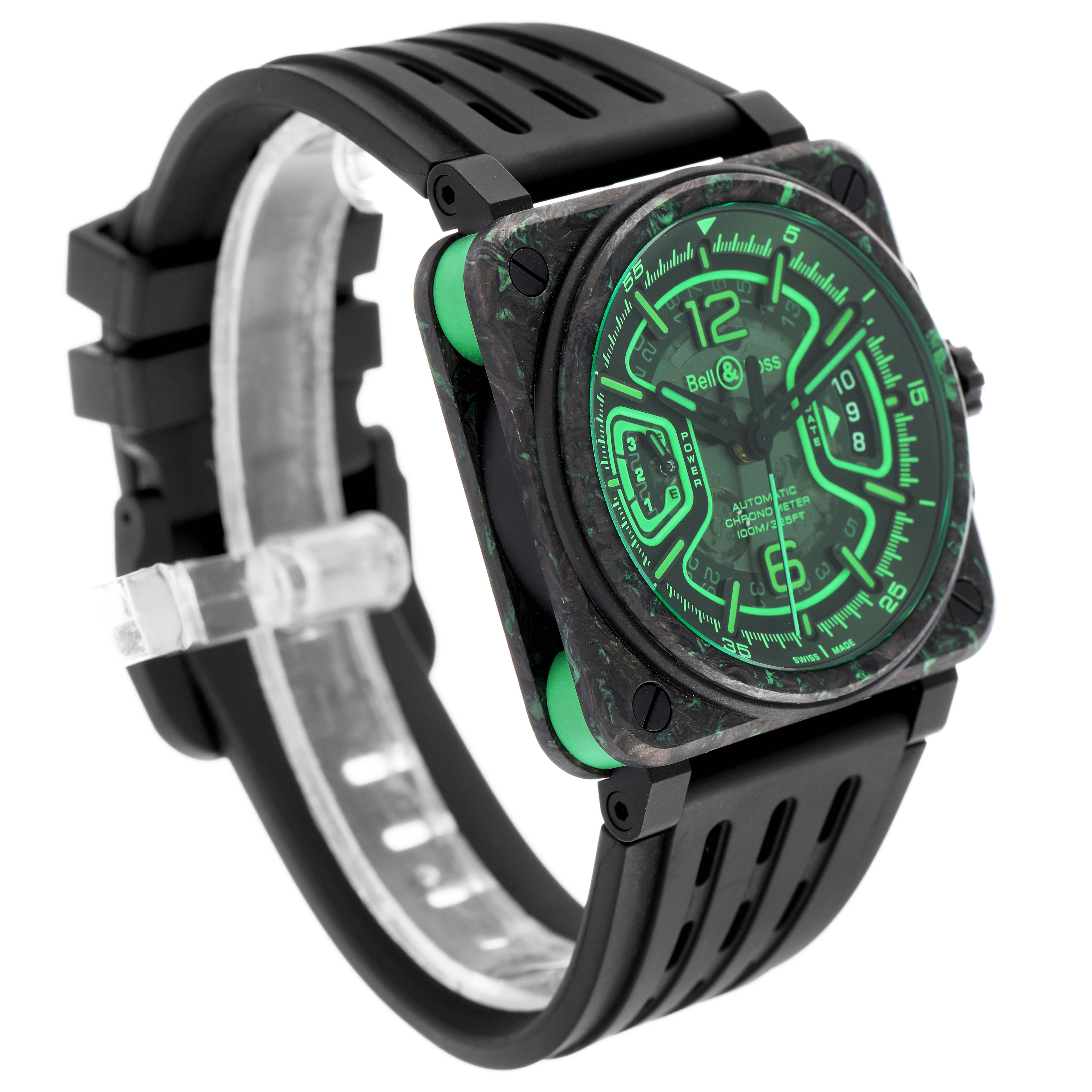 The Bell & Ross Instruments BRX3R-GN-CA/SRB Men's Titanium Transparent Dial model watch is shown from a three-quarter angle, highlighting the face, case, and strap.