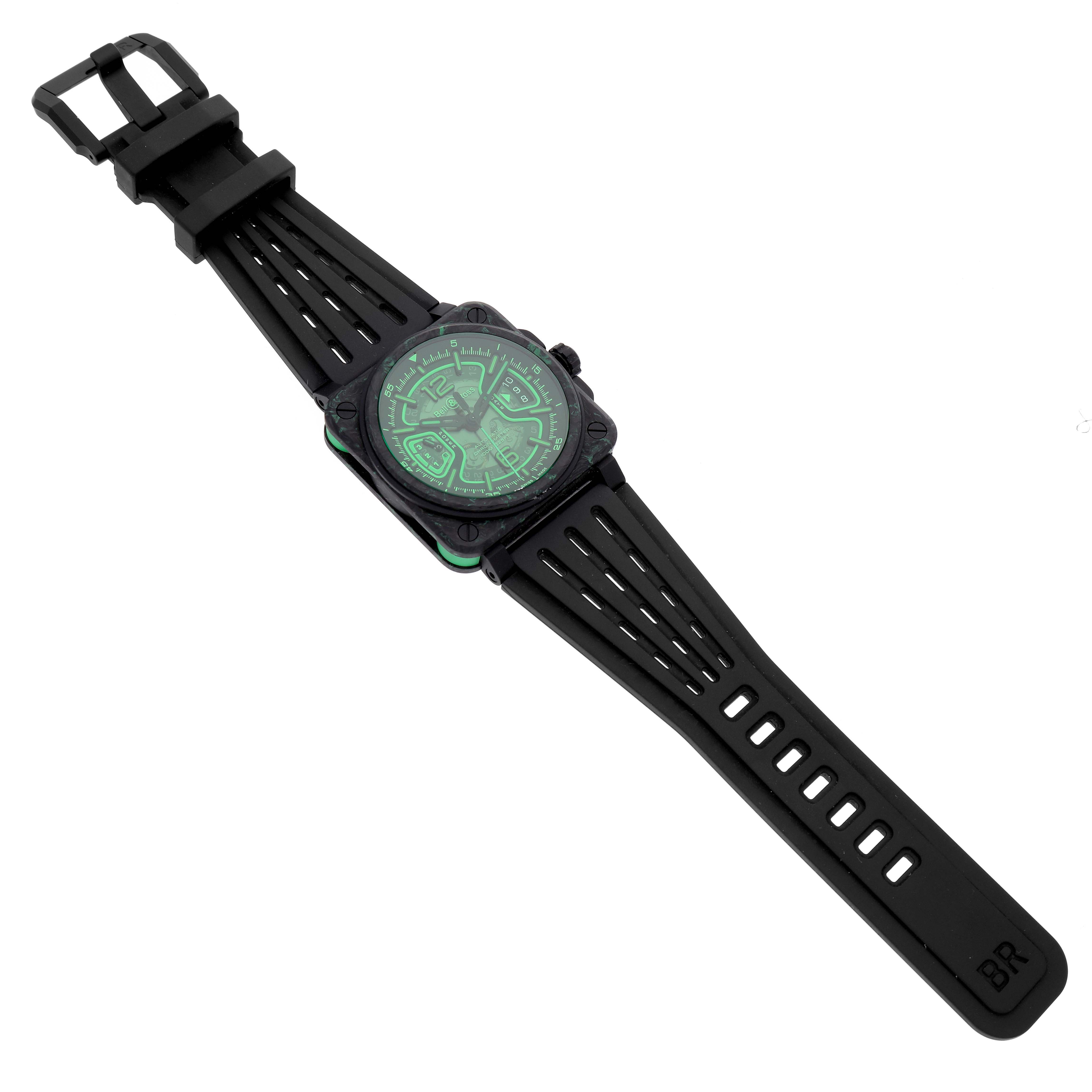 The Bell & Ross Instruments BRX3R-GN-CA/SRB Men's Titanium Transparent Dial watch is shown at an angle displaying the face, strap, and buckle clearly.