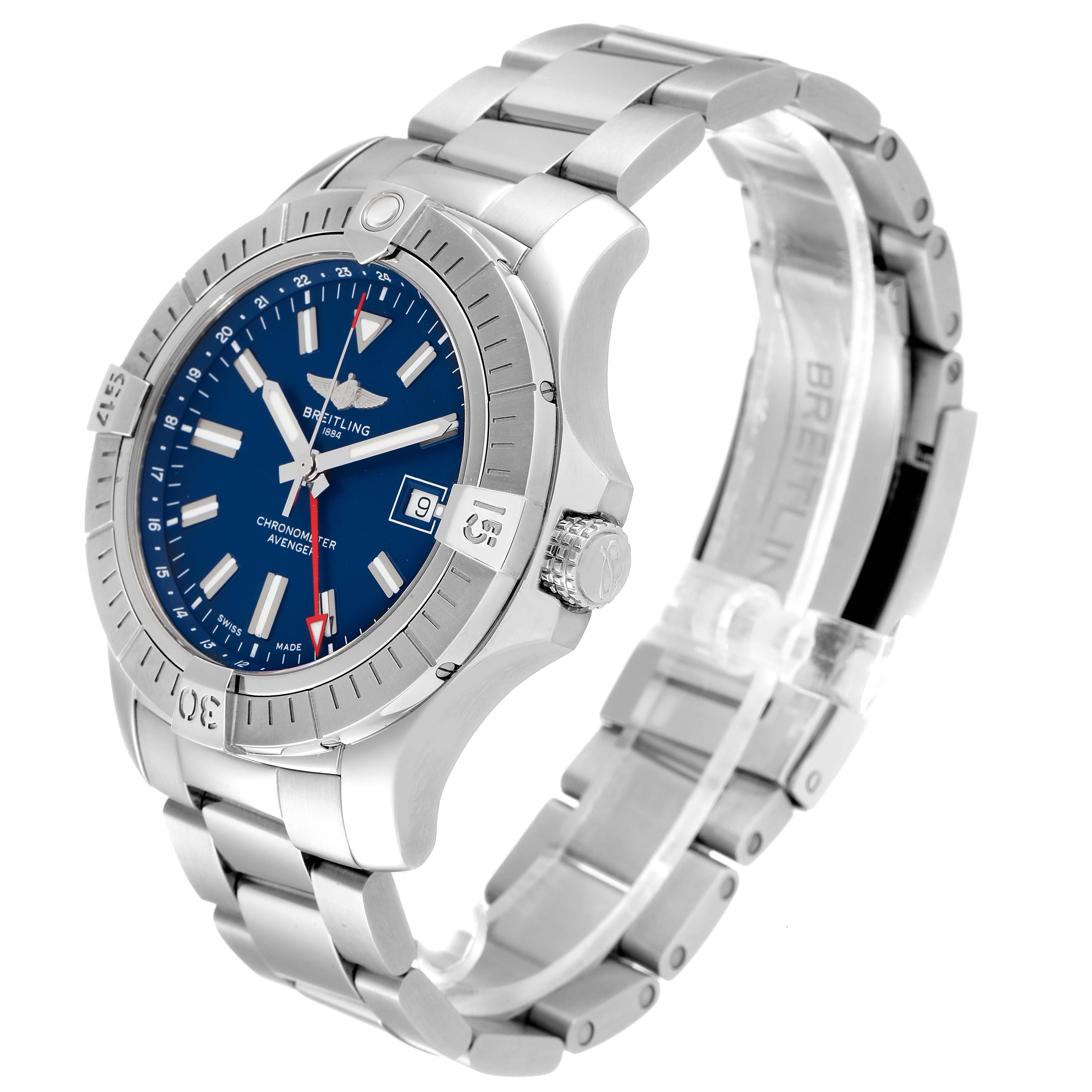 The Breitling Avenger A32395101C1A1 Men's Stainless Steel Blue Dial A32395101C1A1 Men's Stainless Steel Blue Dial watch is shown at a three-quarter angle, displaying the face, bezel, crown, and metal bracelet.