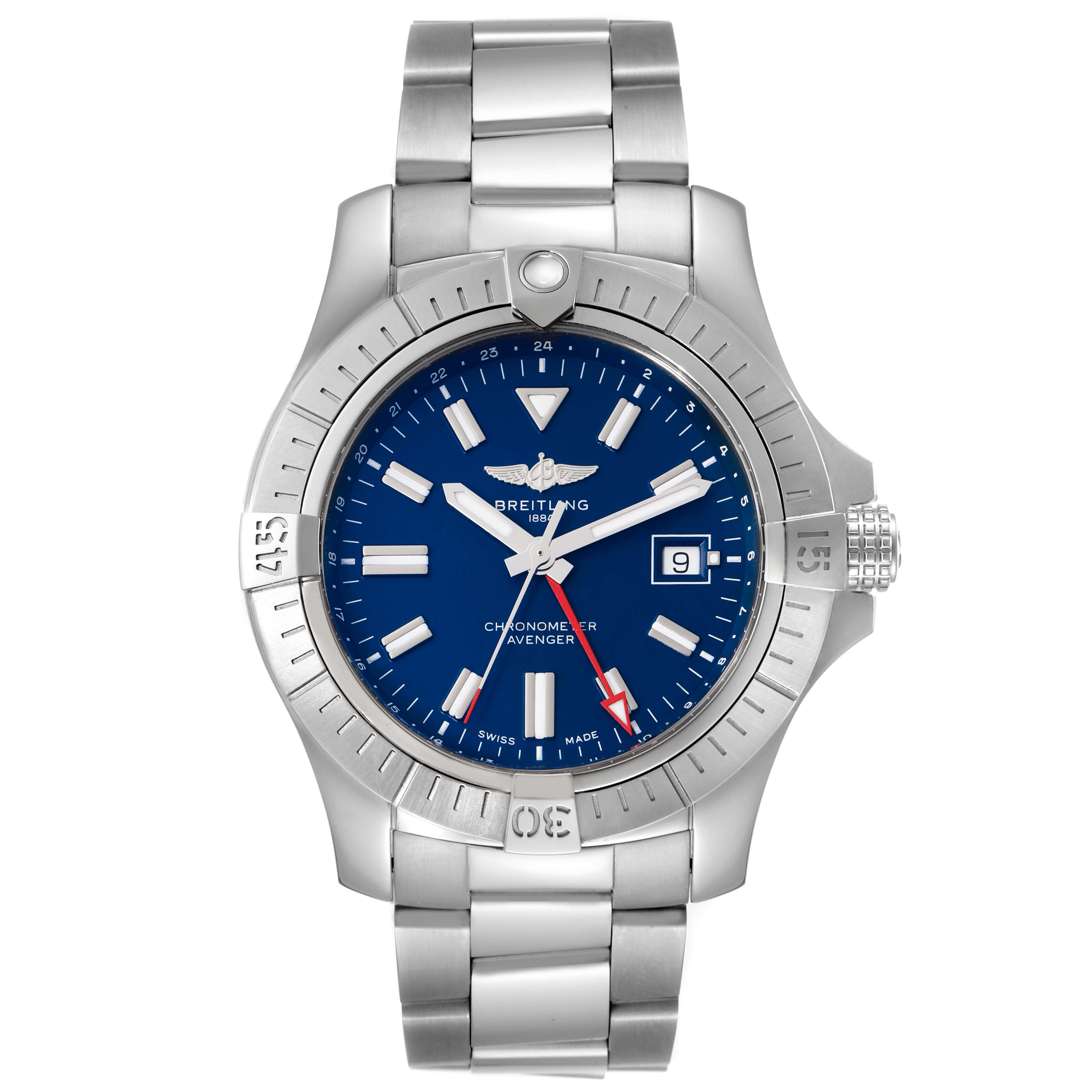 The Breitling Avenger A32395101C1A1 Men's Stainless Steel Blue Dial A32395101C1A1 Men's Stainless Steel Blue Dial watch is shown from a front angle, highlighting its blue dial, stainless steel bracelet, and rotating bezel.