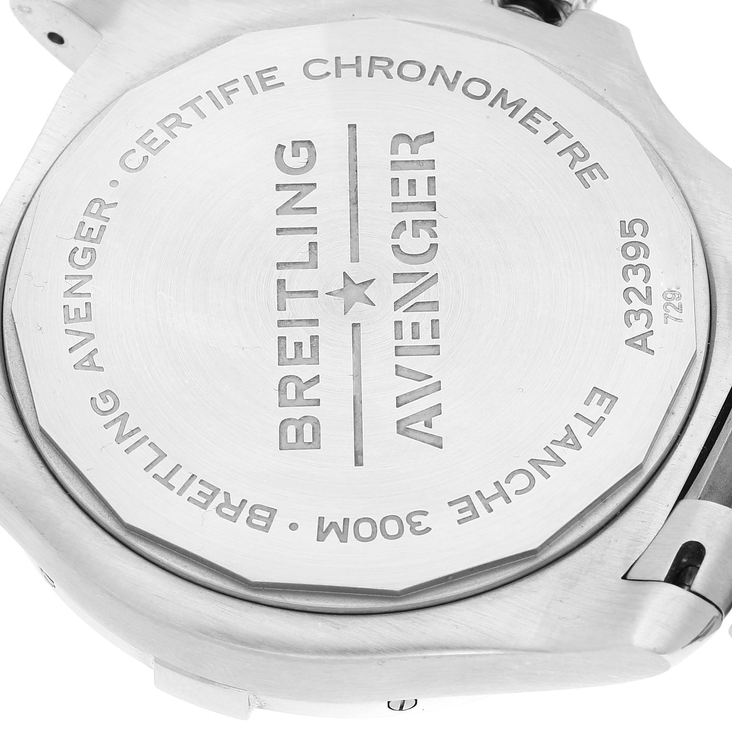 The image shows the case back of a Breitling Avenger A32395101C1A1 Men's Stainless Steel Blue Dial A32395101C1A1 Men's Stainless Steel Blue Dial watch, highlighting the brand, model, and technical inscriptions.