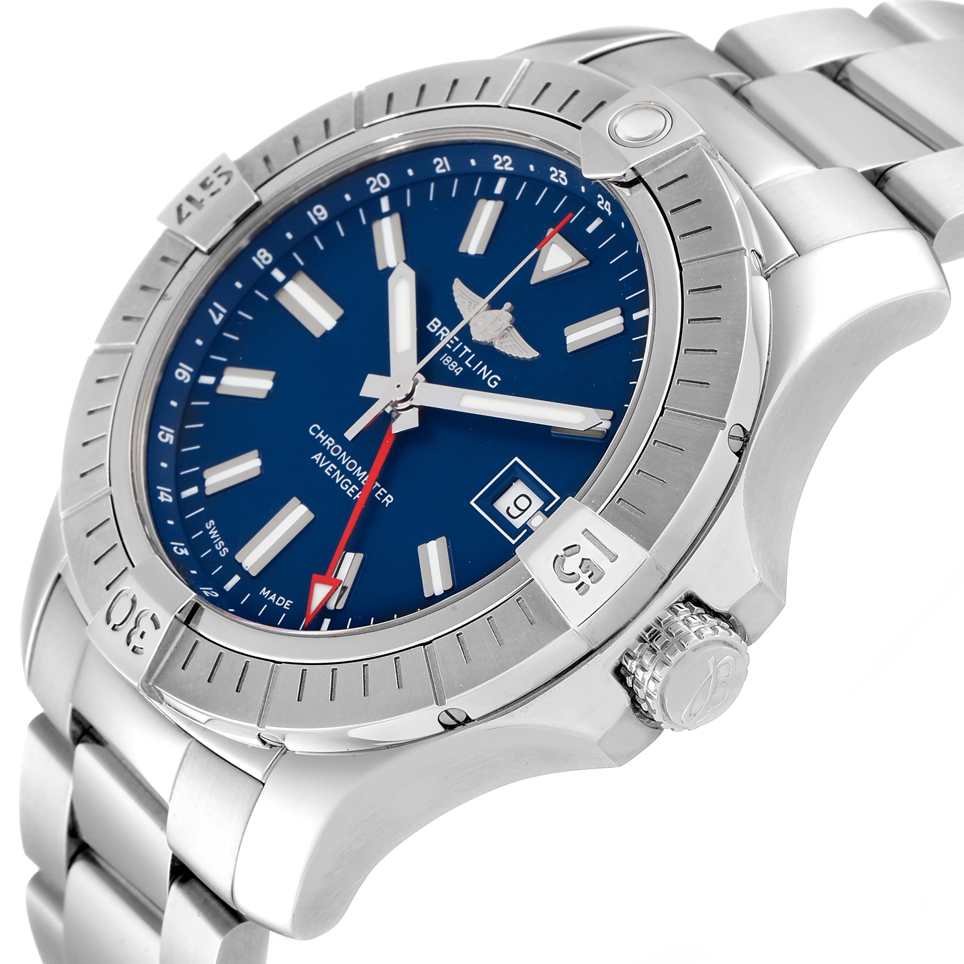 This image shows the Breitling Avenger A32395101C1A1 Men's Stainless Steel Blue Dial A32395101C1A1 Men's Stainless Steel Blue Dial watch at an angle, highlighting its face, bezel, crown, and stainless steel bracelet.