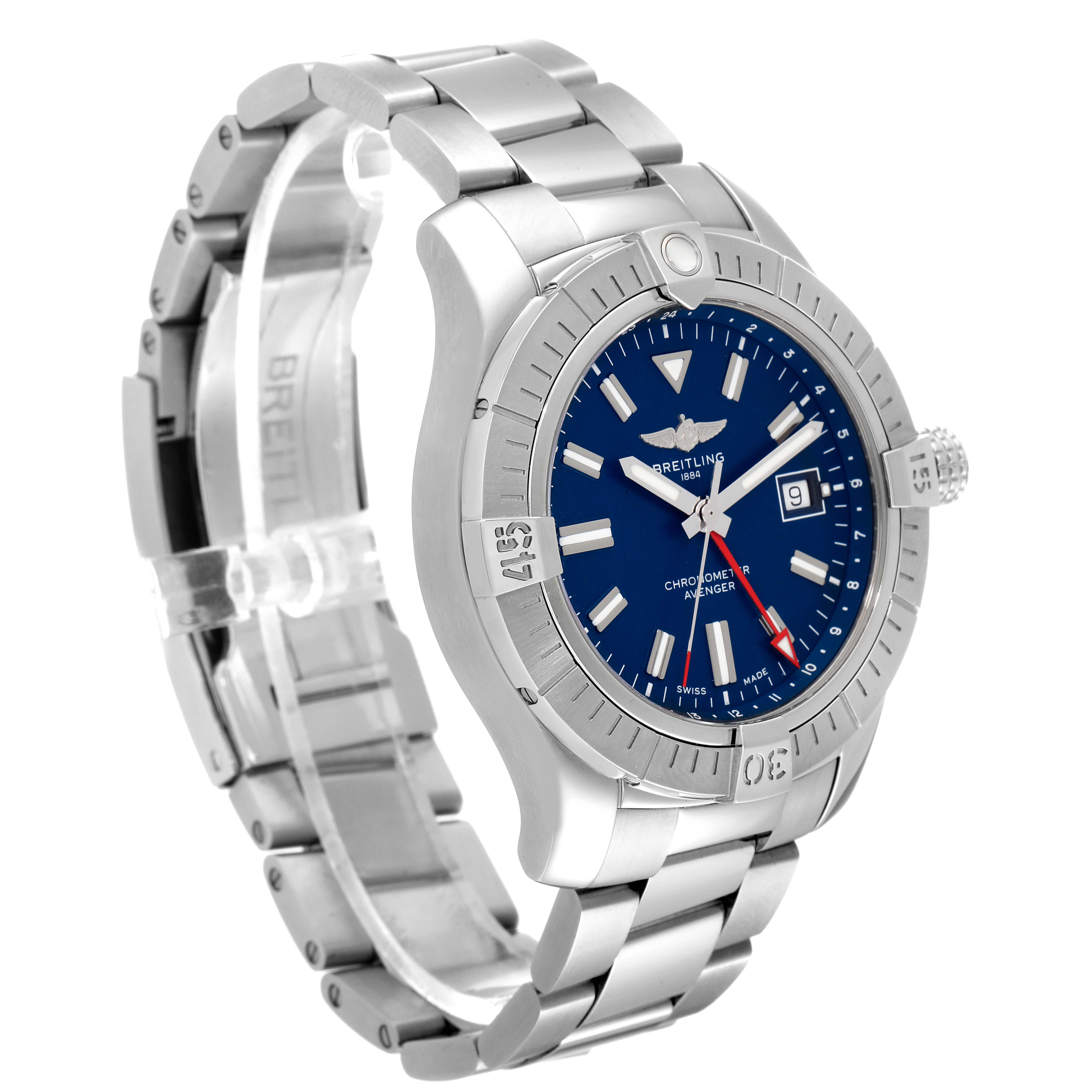 The image shows a Breitling Avenger A32395101C1A1 Men's Stainless Steel Blue Dial A32395101C1A1 Men's Stainless Steel Blue Dial watch at an oblique angle, highlighting the blue dial, date window, bezel, and metal bracelet.