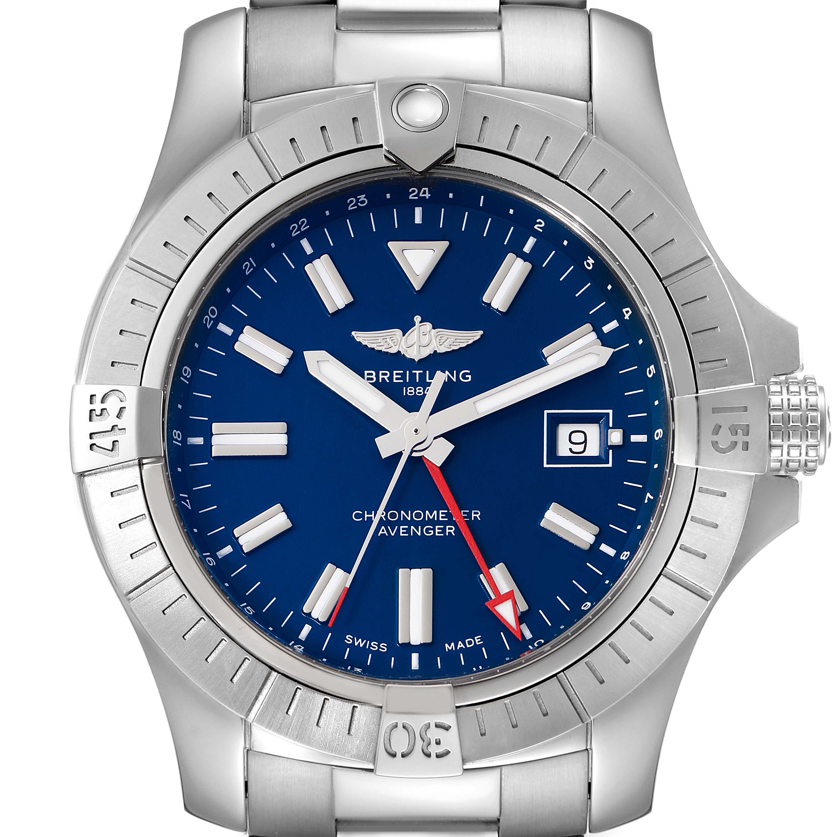 The image shows a frontal view of a Breitling Avenger A32395101C1A1 Men's Stainless Steel Blue Dial A32395101C1A1 Men's Stainless Steel Blue Dial watch, displaying the dial, bezel, and part of the bracelet.