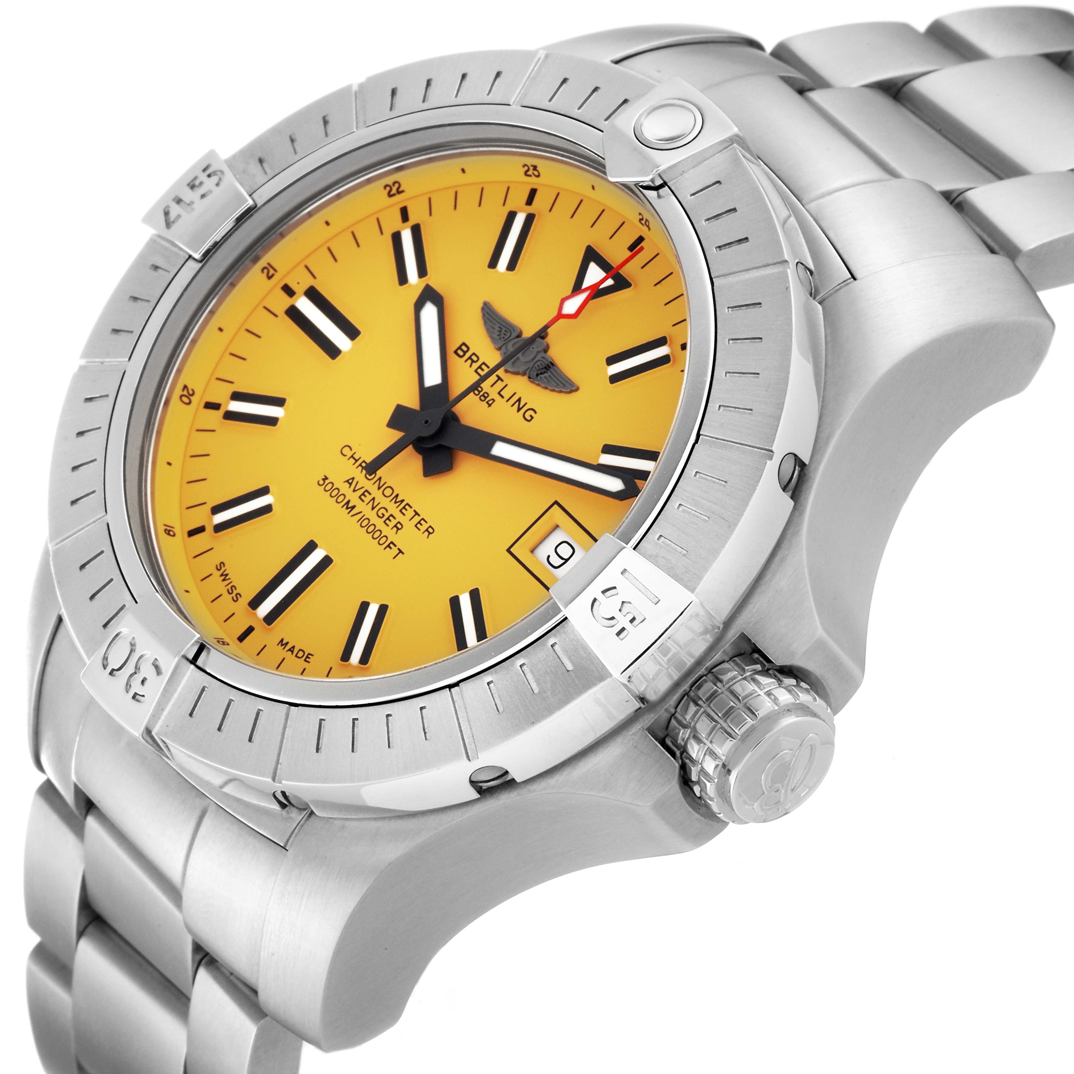 The image shows a side and top view of the Breitling Avenger A17319 Men's Stainless Steel Yellow Dial A17319 Men's Stainless Steel Yellow Dial watch, highlighting its yellow dial, bezel, and metal bracelet.