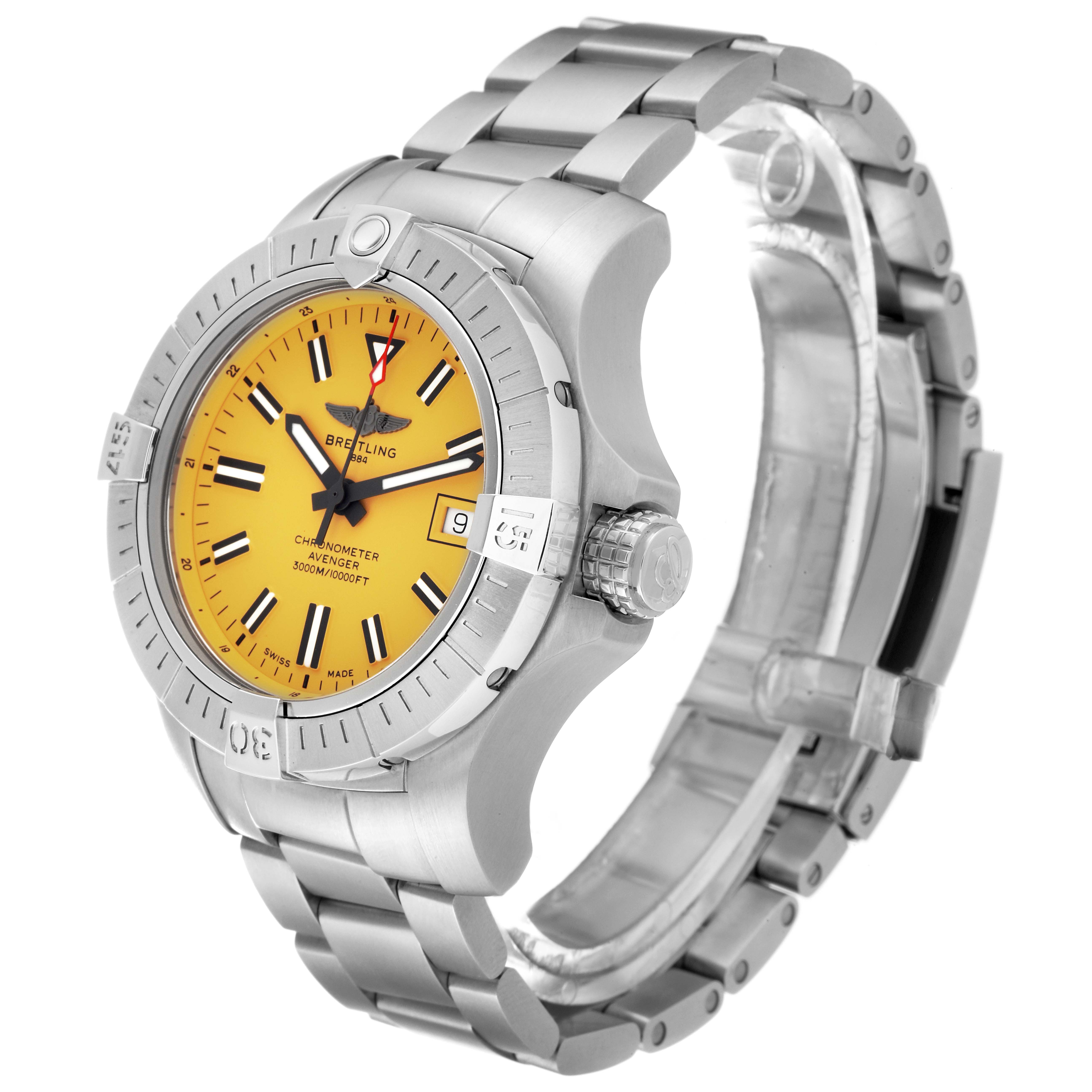 The Breitling Avenger A17319 Men's Stainless Steel Yellow Dial A17319 Men's Stainless Steel Yellow Dial model watch is shown from a front-left angle, displaying its yellow dial, bezel, crown, and metal bracelet.