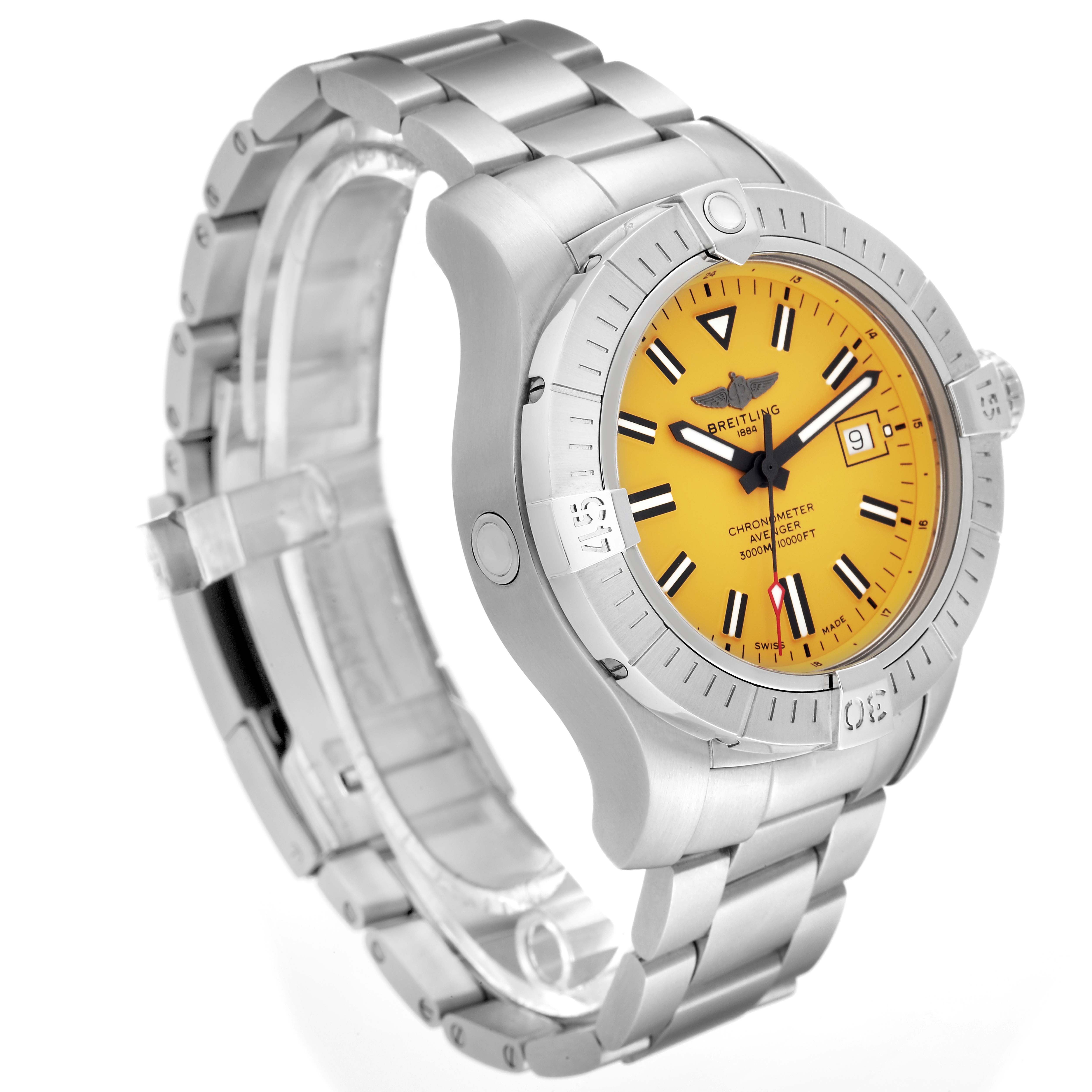 The image shows a Breitling Avenger A17319 Men's Stainless Steel Yellow Dial A17319 Men's Stainless Steel Yellow Dial watch from a three-quarter angle, displaying its yellow dial, metal bracelet, and bezel.