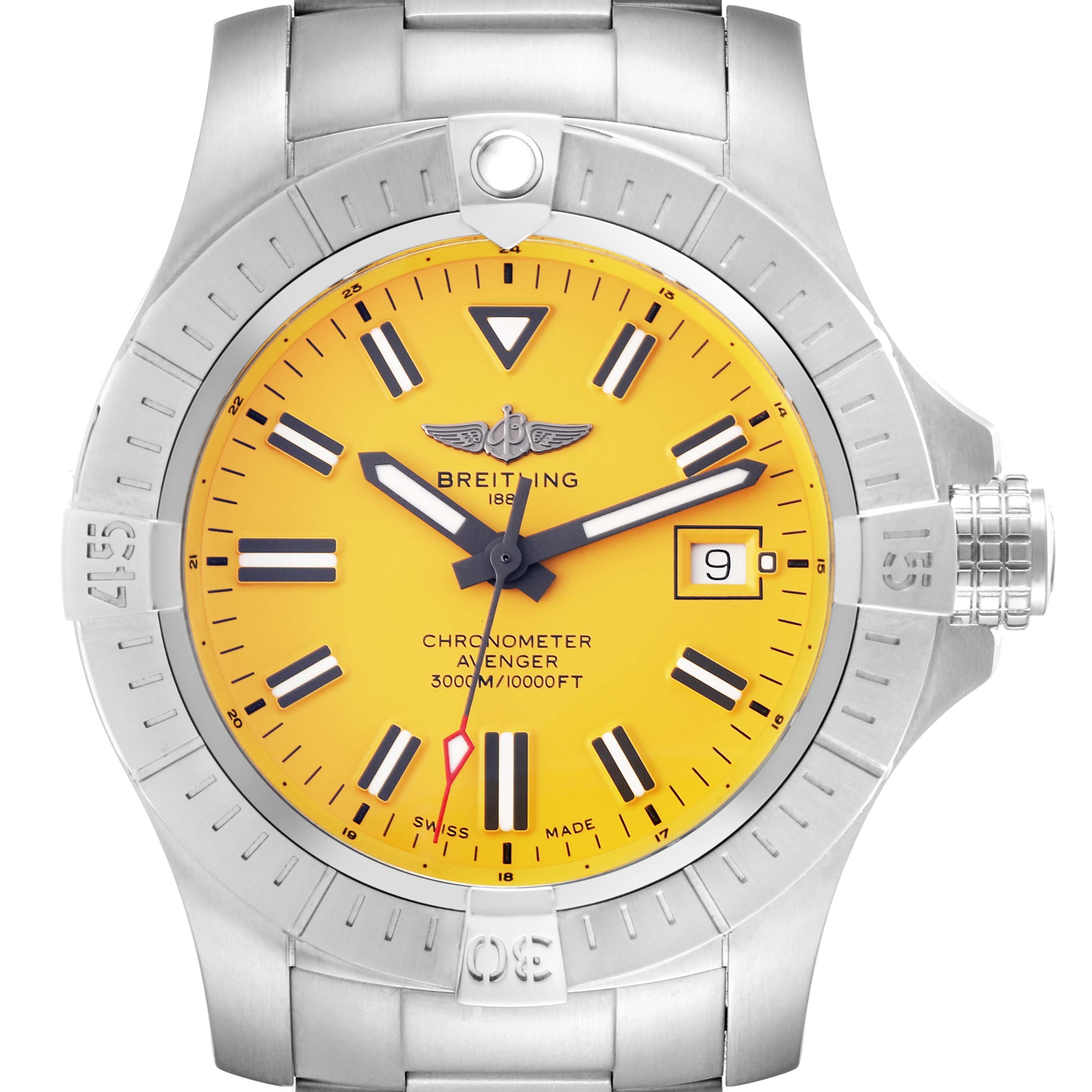The image shows a front view of a Breitling Avenger A17319 Men's Stainless Steel Yellow Dial A17319 Men's Stainless Steel Yellow Dial watch with a yellow dial and date display.
