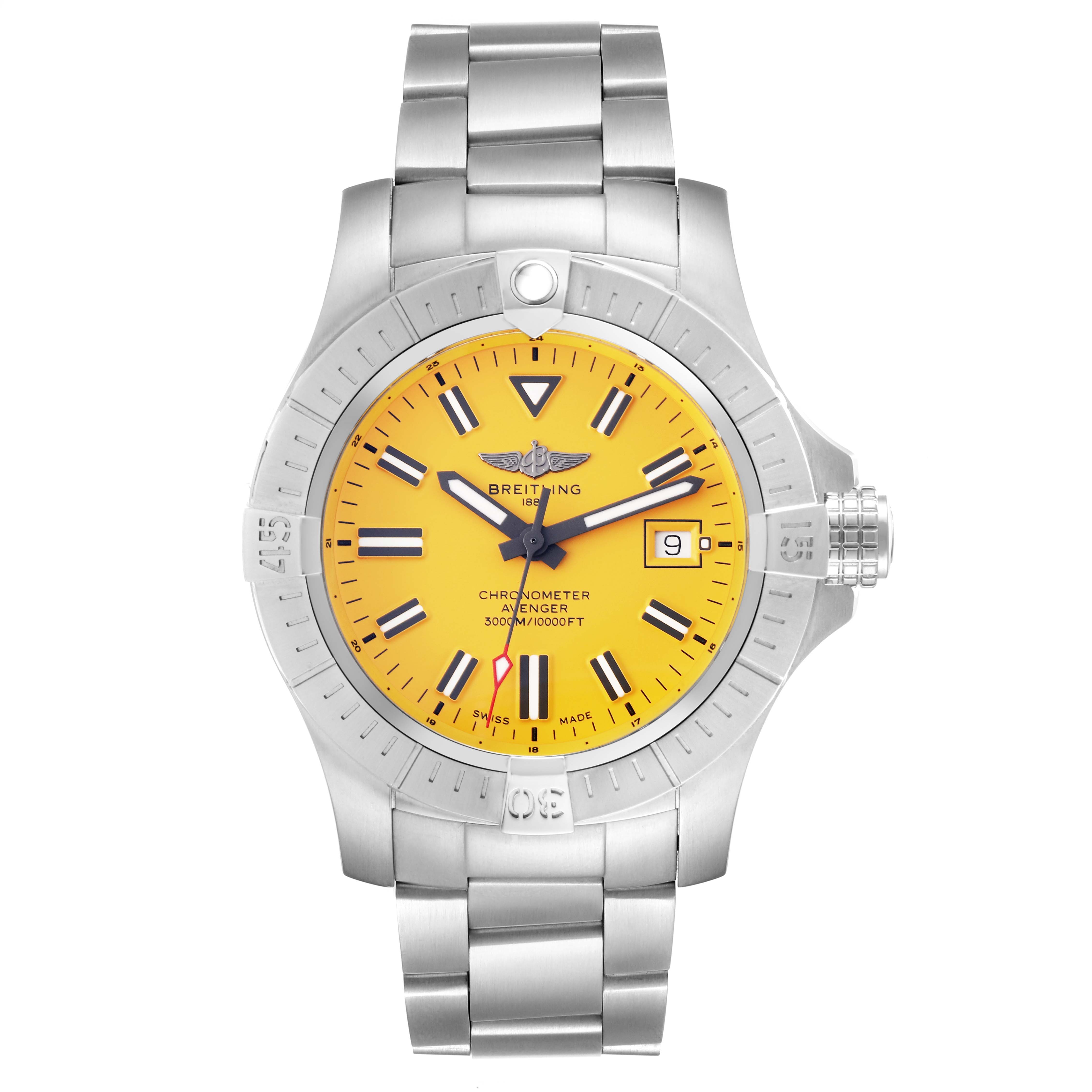 The image shows a front view of a Breitling Avenger A17319 Men's Stainless Steel Yellow Dial A17319 Men's Stainless Steel Yellow Dial watch with a yellow dial and stainless steel bracelet.