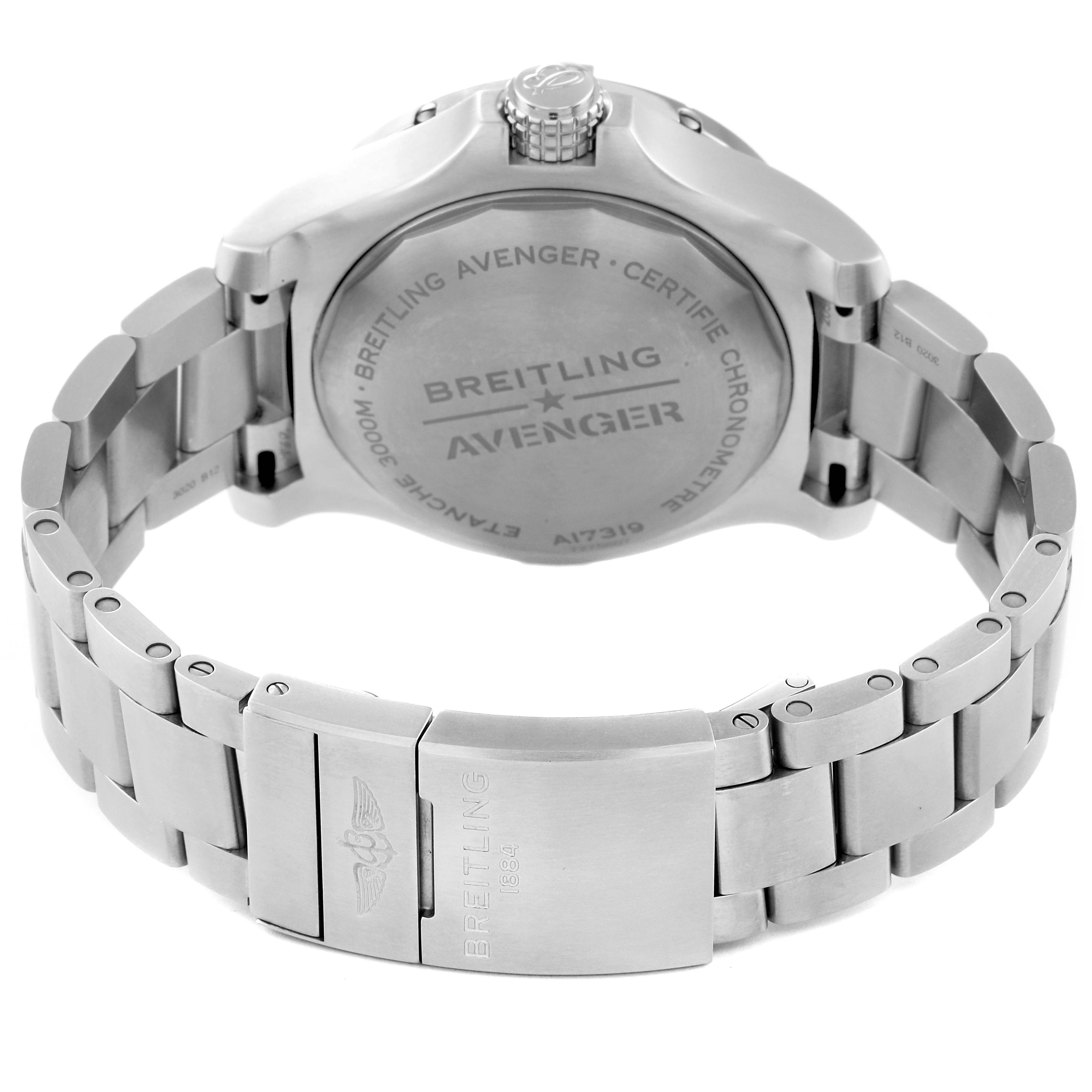 The image shows the back view of a Breitling Avenger A17319 Men's Stainless Steel Yellow Dial A17319 Men's Stainless Steel Yellow Dial watch, focusing on the case back, bracelet, and clasp.