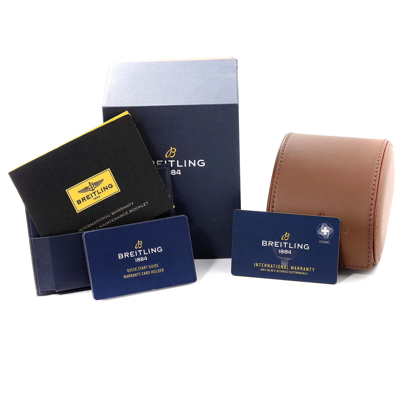 The image shows packaging, warranty cards, and manuals for a Breitling Avenger A17319 Men's Stainless Steel Yellow Dial A17319 Men's Stainless Steel Yellow Dial watch.