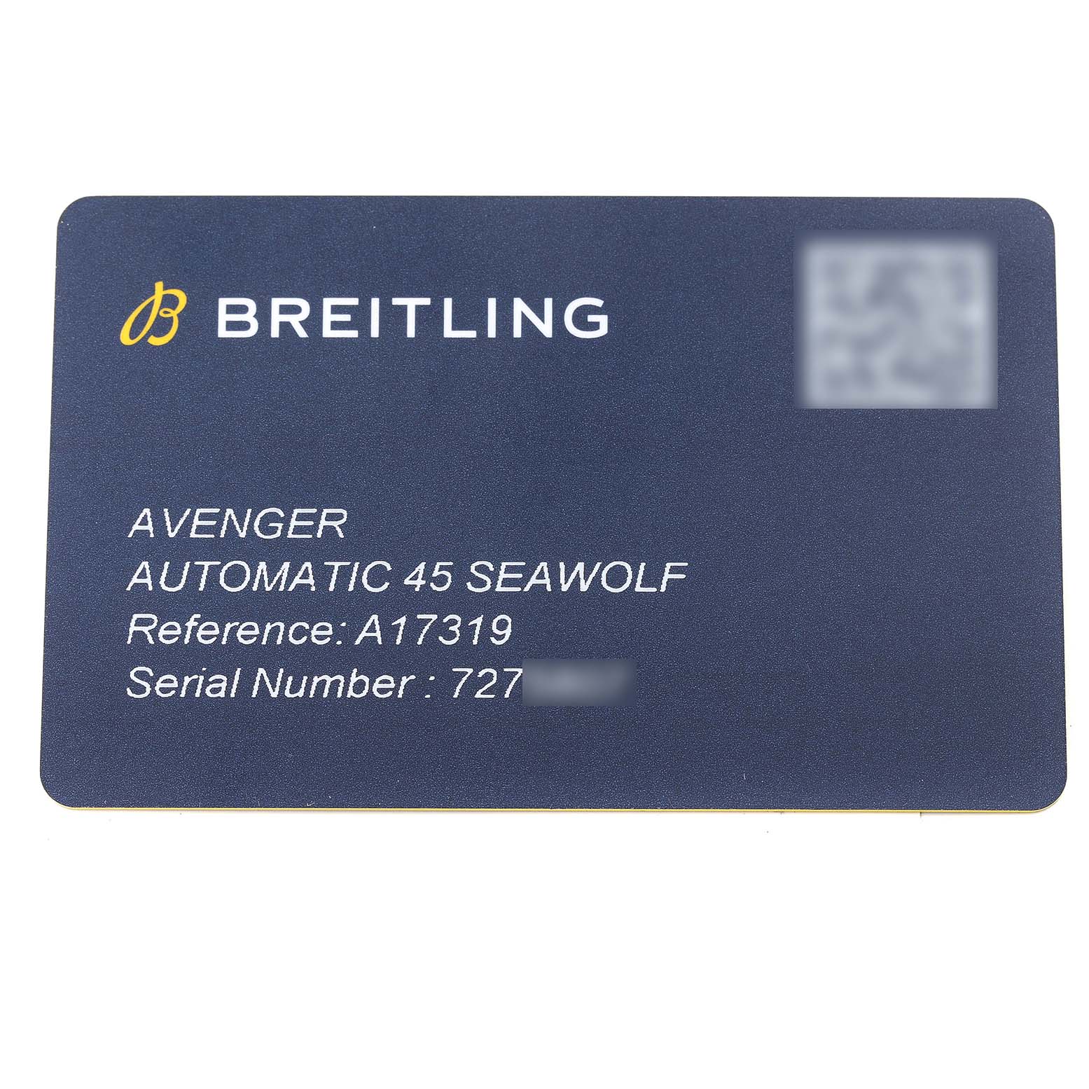 The image shows a Breitling Avenger A17319 Men's Stainless Steel Yellow Dial A17319 Men's Stainless Steel Yellow Dial Automatic 45 Seawolf watch identification card with reference and serial numbers.