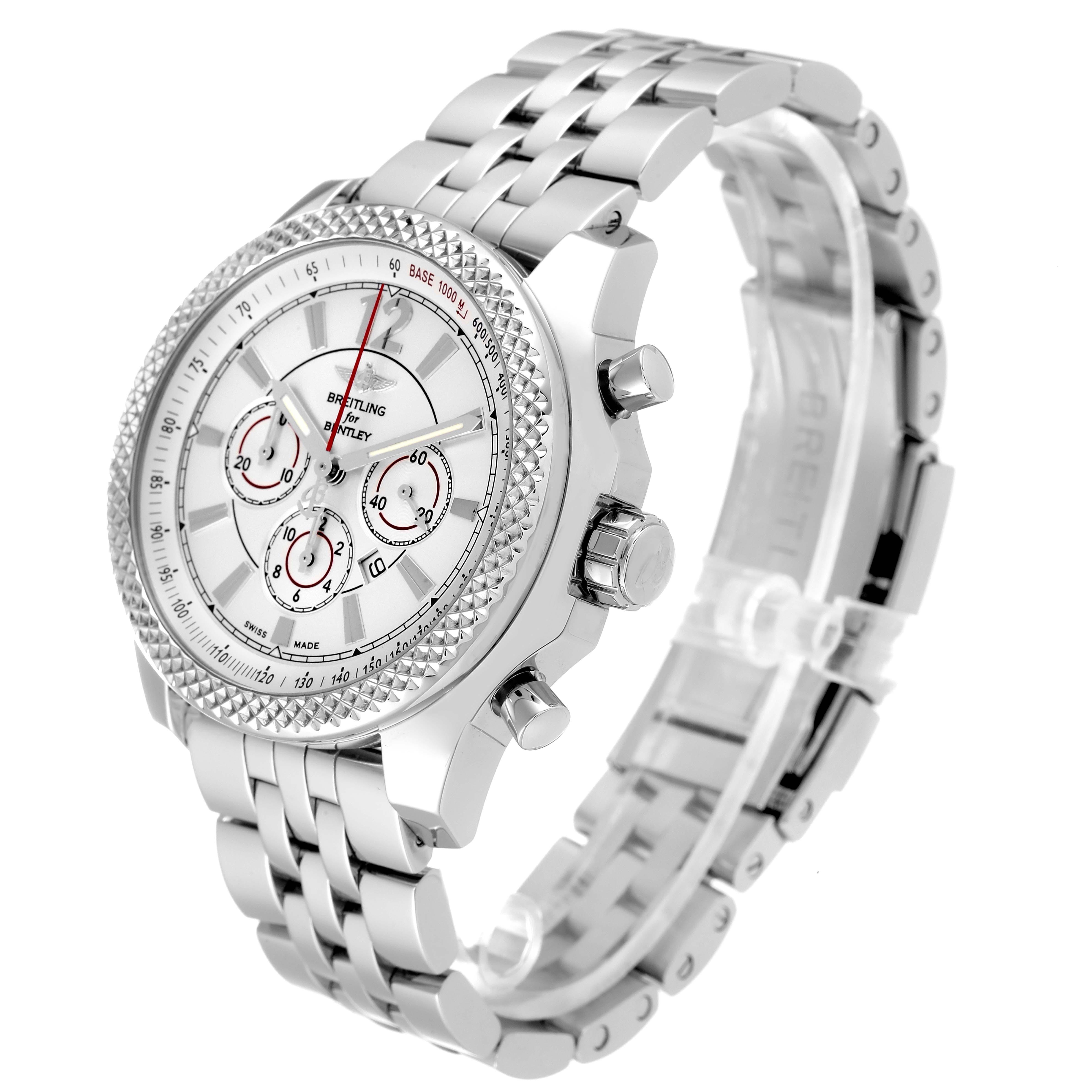 The Breitling Bentley A41390 Men's Stainless Steel Silver Dial A41390 Men's Stainless Steel Silver Dial watch is shown at a three-quarter angle, highlighting the face, bezel, crown, and metal bracelet.