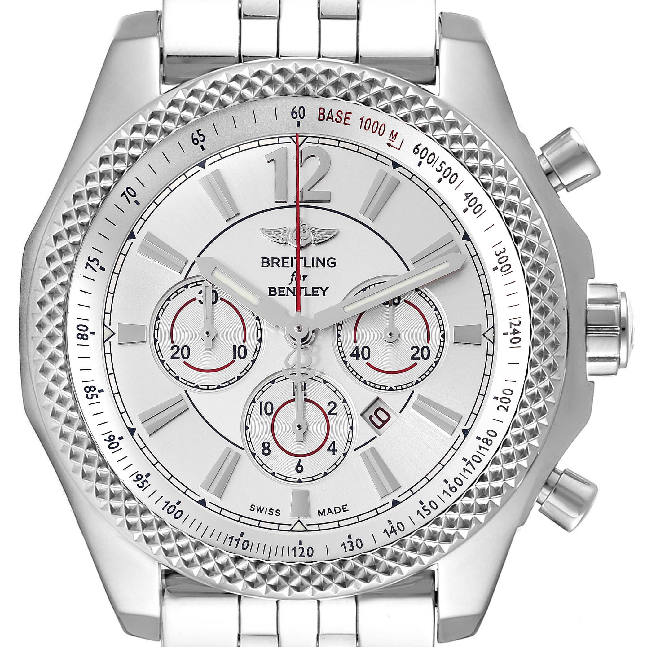 The image shows a front view of a Breitling Bentley A41390 Men's Stainless Steel Silver Dial A41390 Men's Stainless Steel Silver Dial model watch, highlighting the face, dial, and chronograph sub-dials.