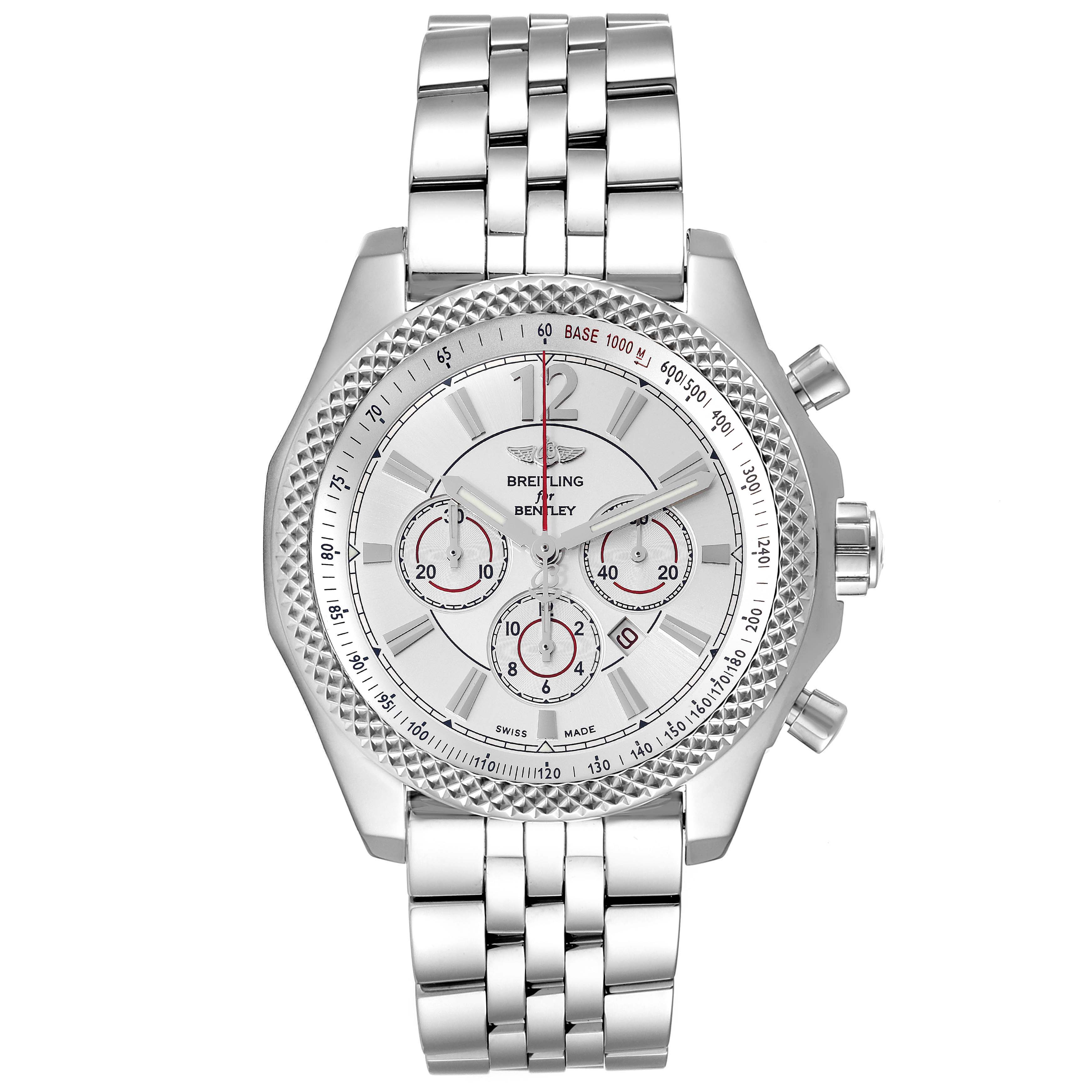 The image shows a front view of a Breitling Bentley A41390 Men's Stainless Steel Silver Dial A41390 Men's Stainless Steel Silver Dial watch, displaying its face, bezel, and stainless steel bracelet.
