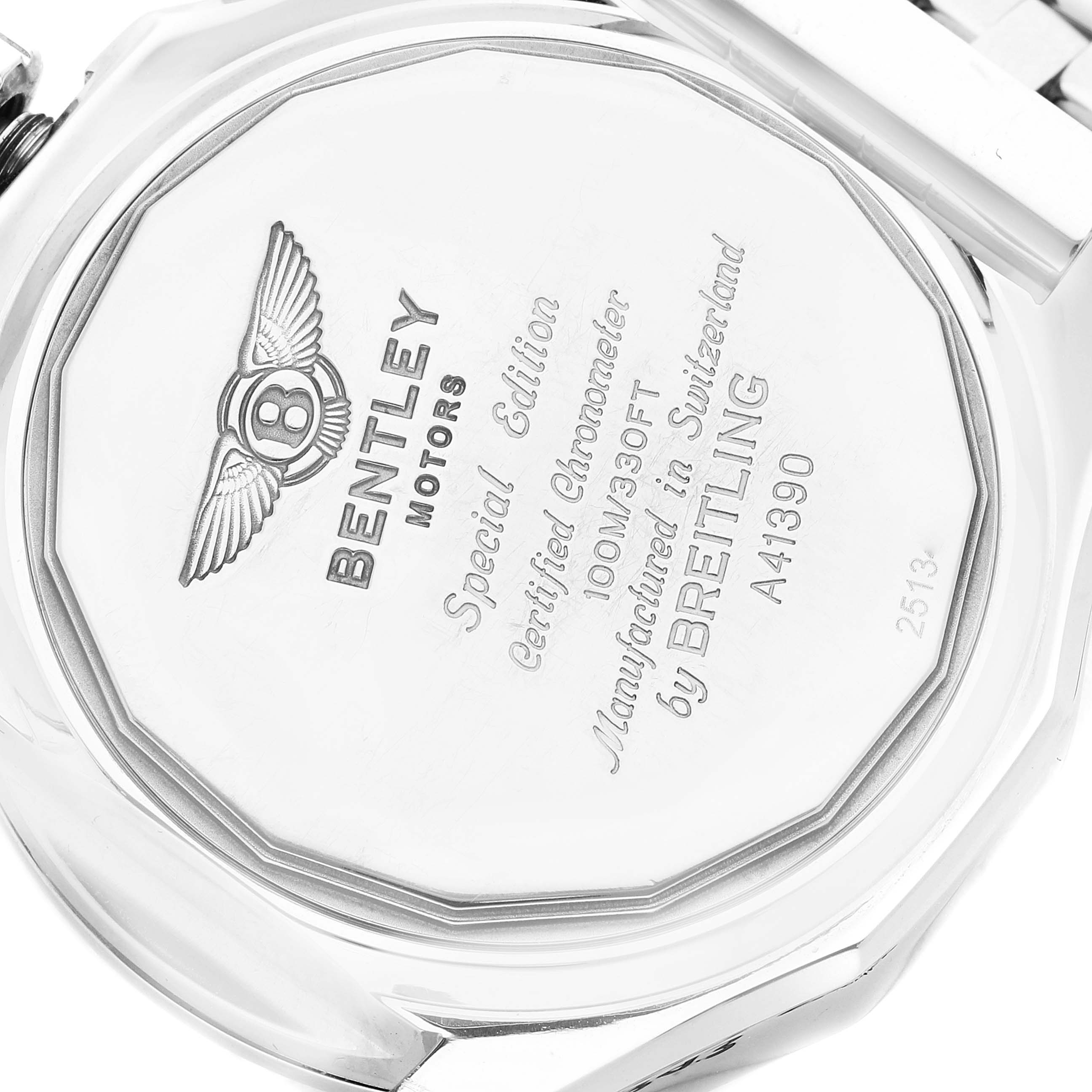 The image shows the back case of the Breitling Bentley A41390 Men's Stainless Steel Silver Dial A41390 Men's Stainless Steel Silver Dial watch, highlighting its engravings and metal bracelet.
