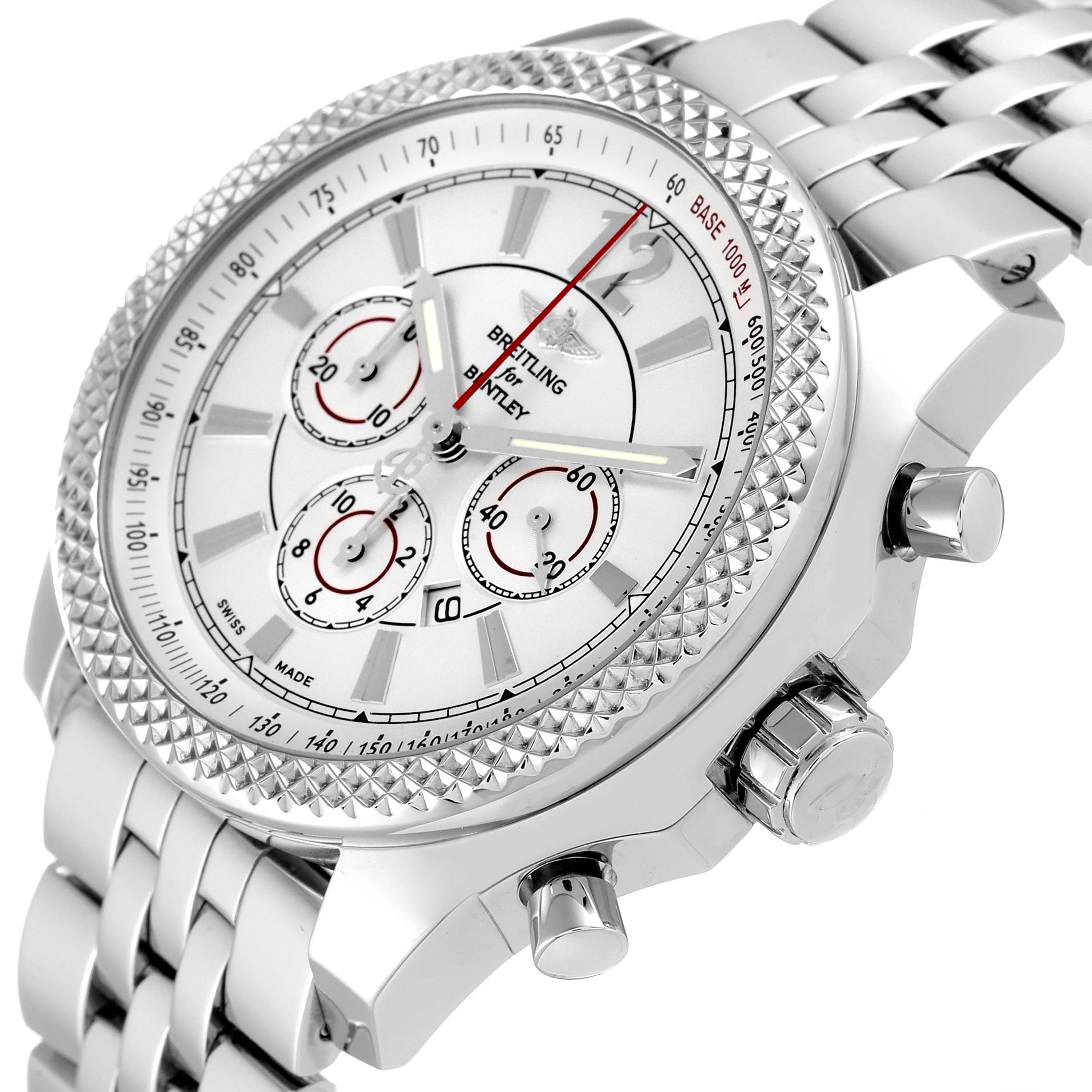 The image shows a close-up of the Breitling Bentley A41390 Men's Stainless Steel Silver Dial A41390 Men's Stainless Steel Silver Dial watch at an angle, highlighting the bezel, dial, subdials, and stainless steel strap.