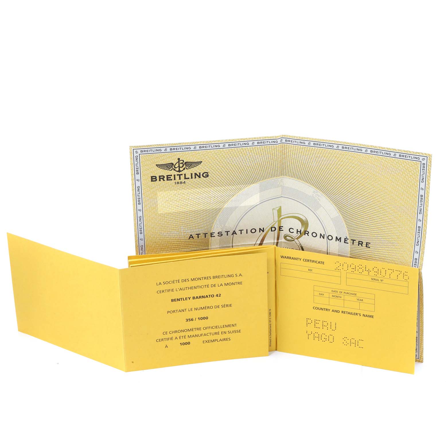 The image shows the warranty certificate and chronometer certification for the Bentley model by Breitling.