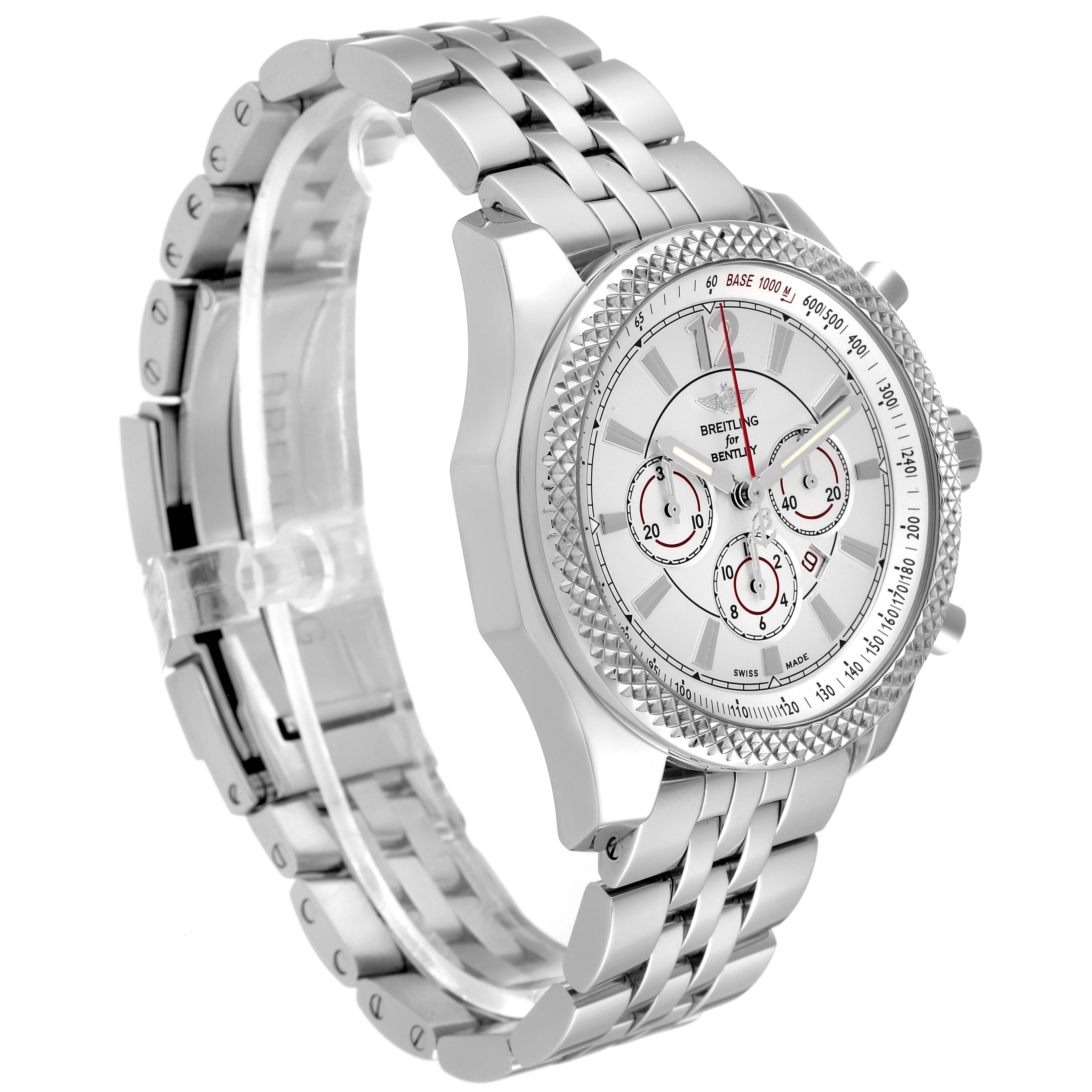 The Bentley model by Breitling is shown at a slight angle from the front and side, showcasing the face, bezel, and bracelet.