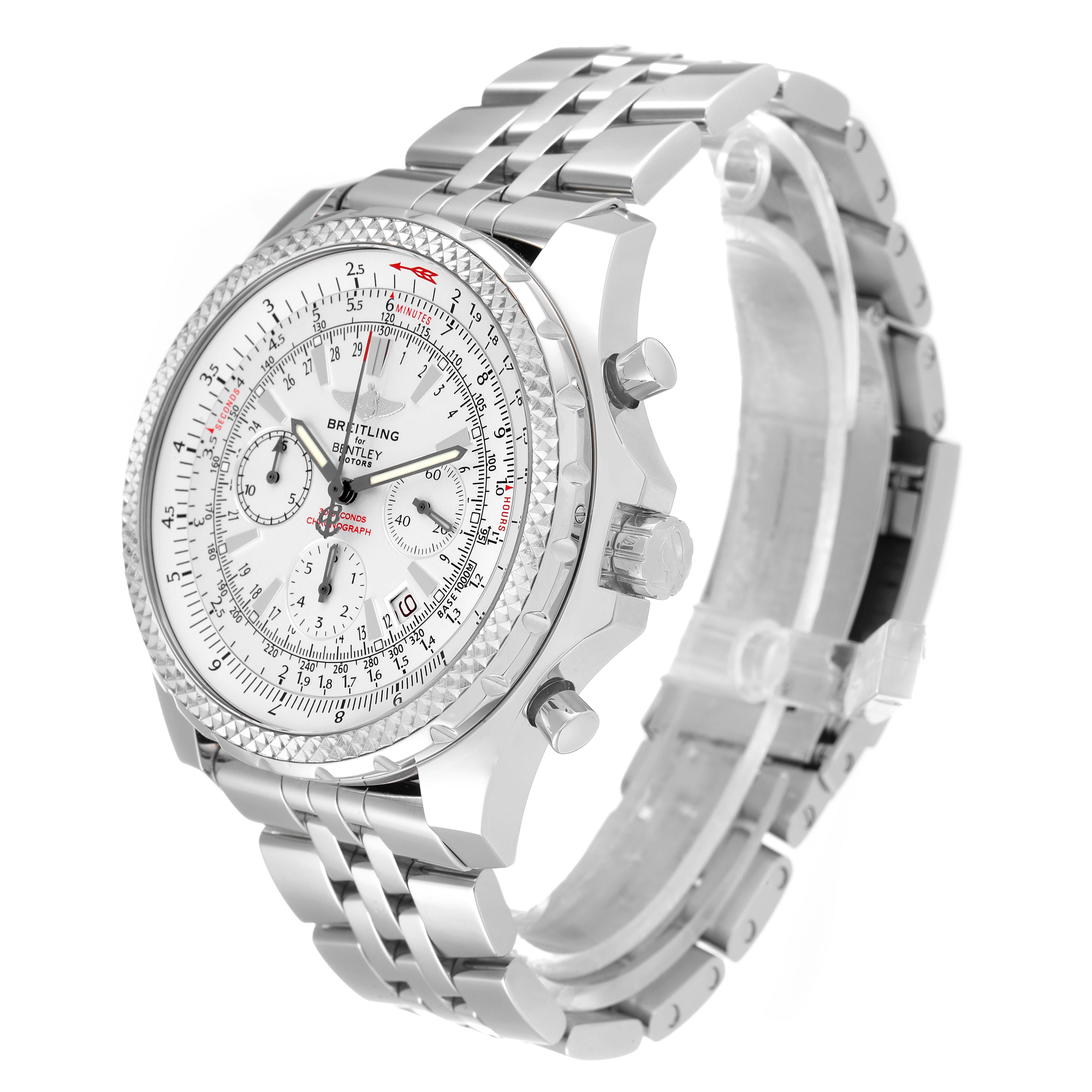 The image shows a Breitling Bentley A25362 Men's Stainless Steel Silver Dial A25362 Men's Stainless Steel Silver Dial model watch at a three-quarter angle, highlighting the face and metal bracelet.