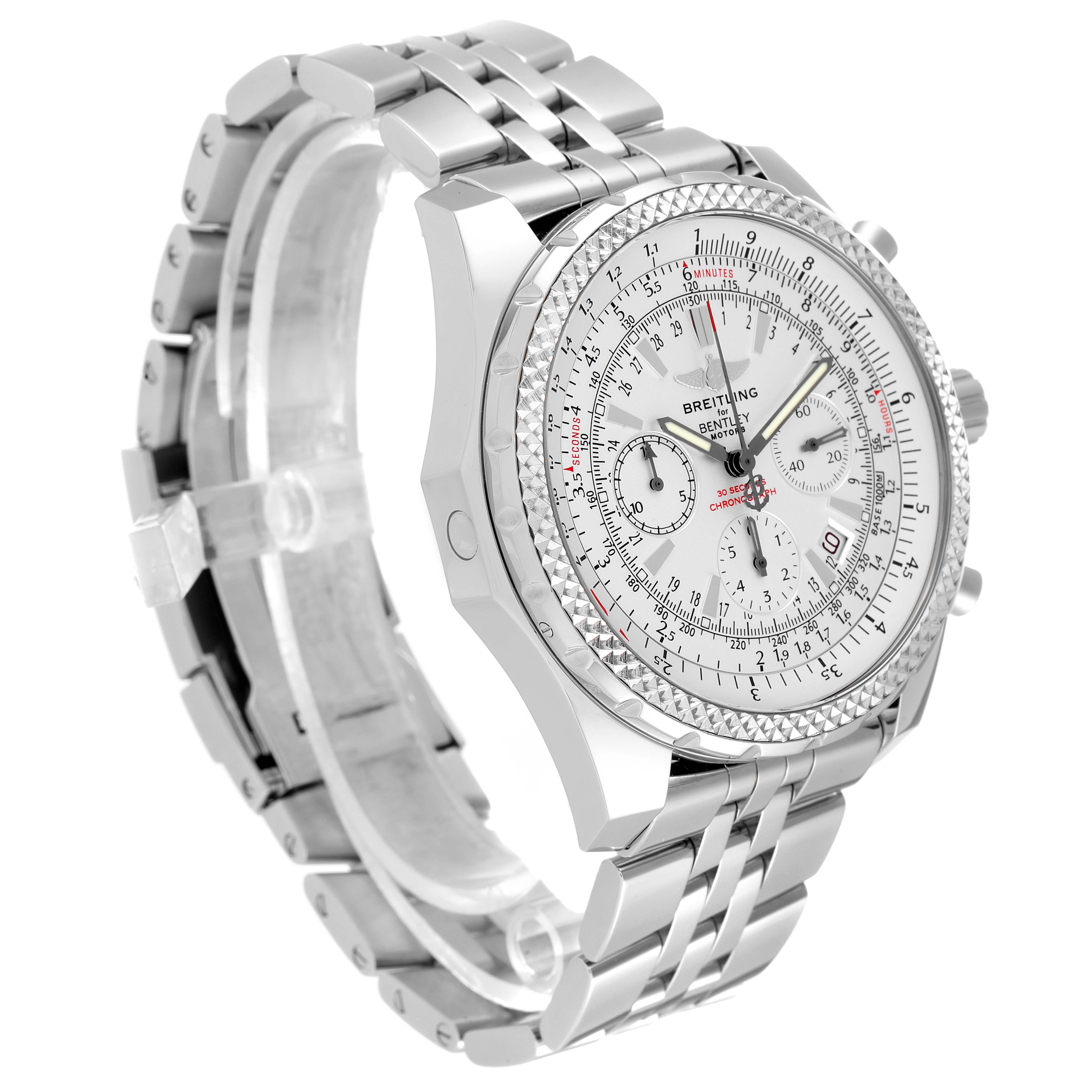 The image shows a Breitling Bentley A25362 Men's Stainless Steel Silver Dial A25362 Men's Stainless Steel Silver Dial model watch from an angled side view, highlighting the watch face, bracelet, and clasp.
