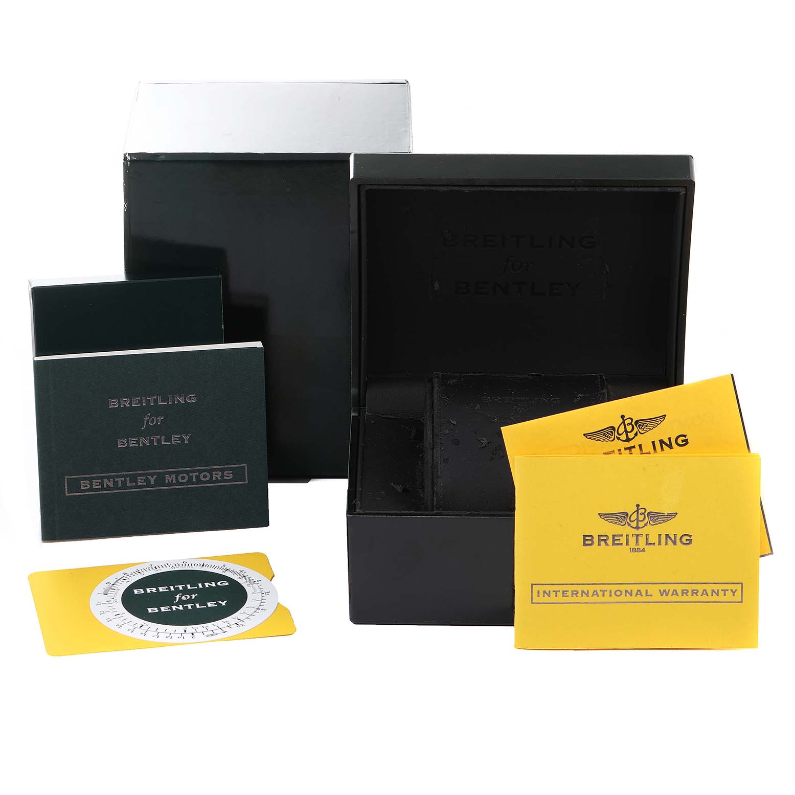 The image shows the packaging, manuals, warranty cards, and box for the Breitling Bentley A25362 Men's Stainless Steel Silver Dial A25362 Men's Stainless Steel Silver Dial model watch.