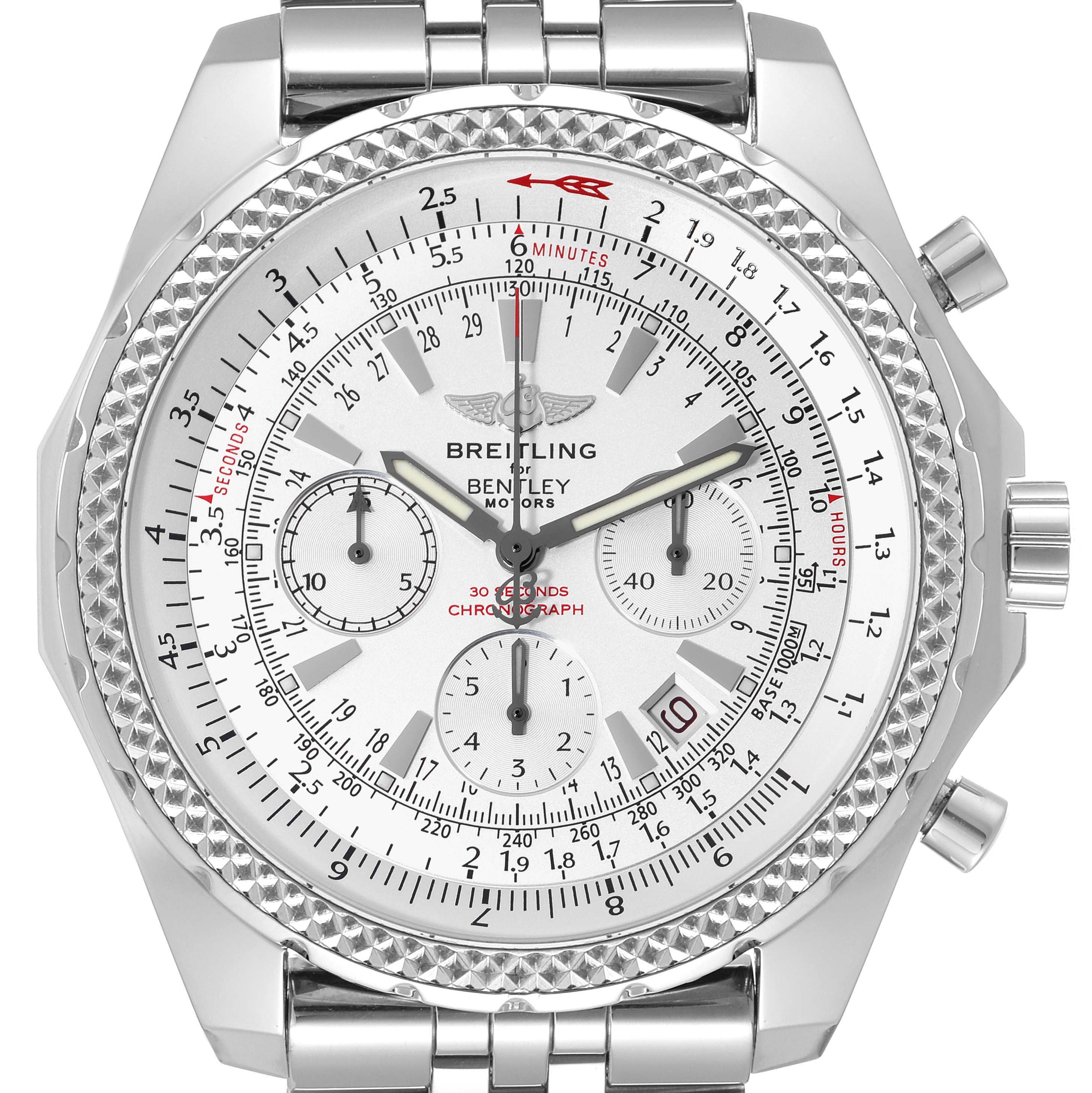 The image shows a close-up front view of the Breitling Bentley A25362 Men's Stainless Steel Silver Dial A25362 Men's Stainless Steel Silver Dial watch, highlighting its detailed dial, subdials, and bezel.
