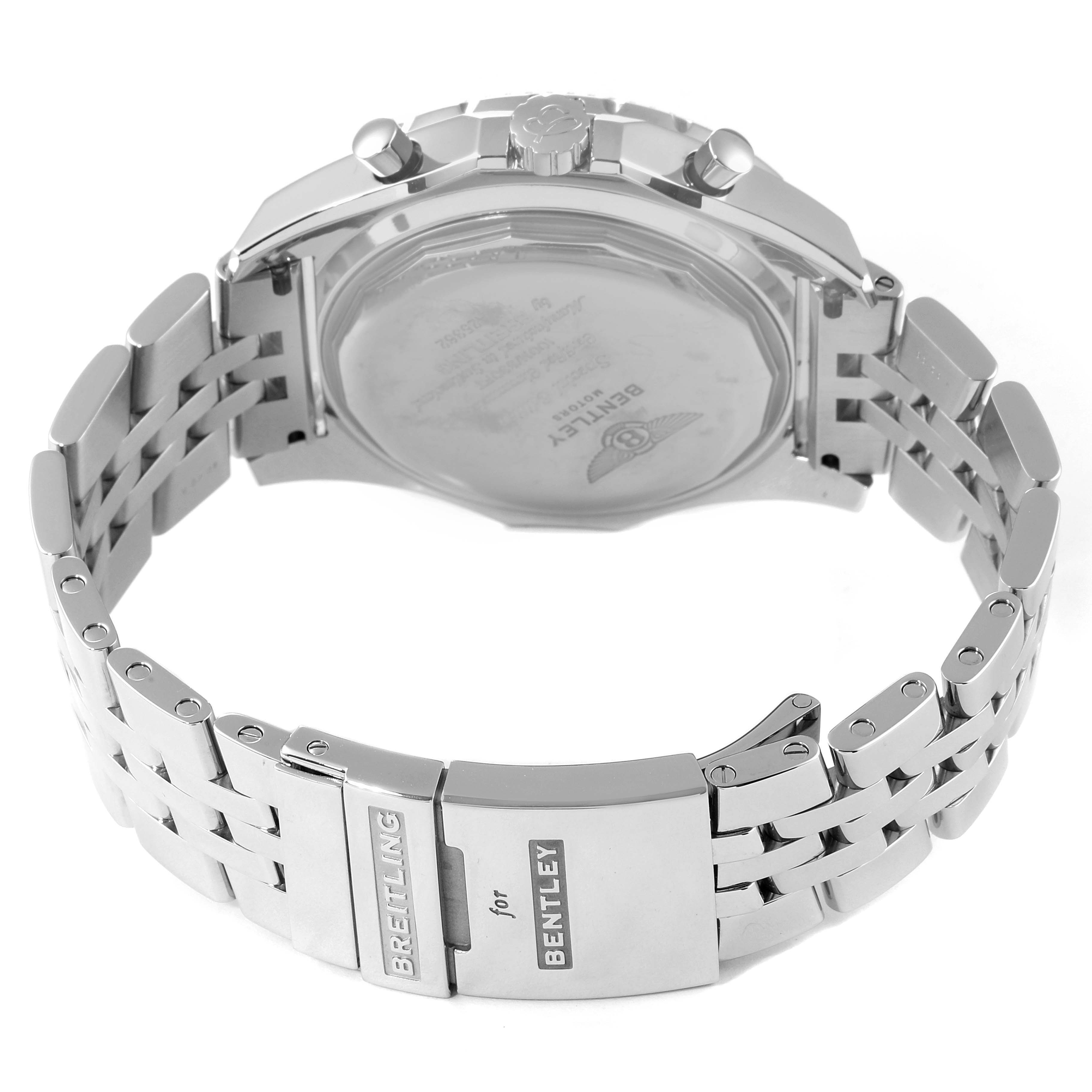 The image shows the Breitling Bentley A25362 Men's Stainless Steel Silver Dial A25362 Men's Stainless Steel Silver Dial watch viewed from the rear, highlighting the case back and the stainless steel bracelet clasp.