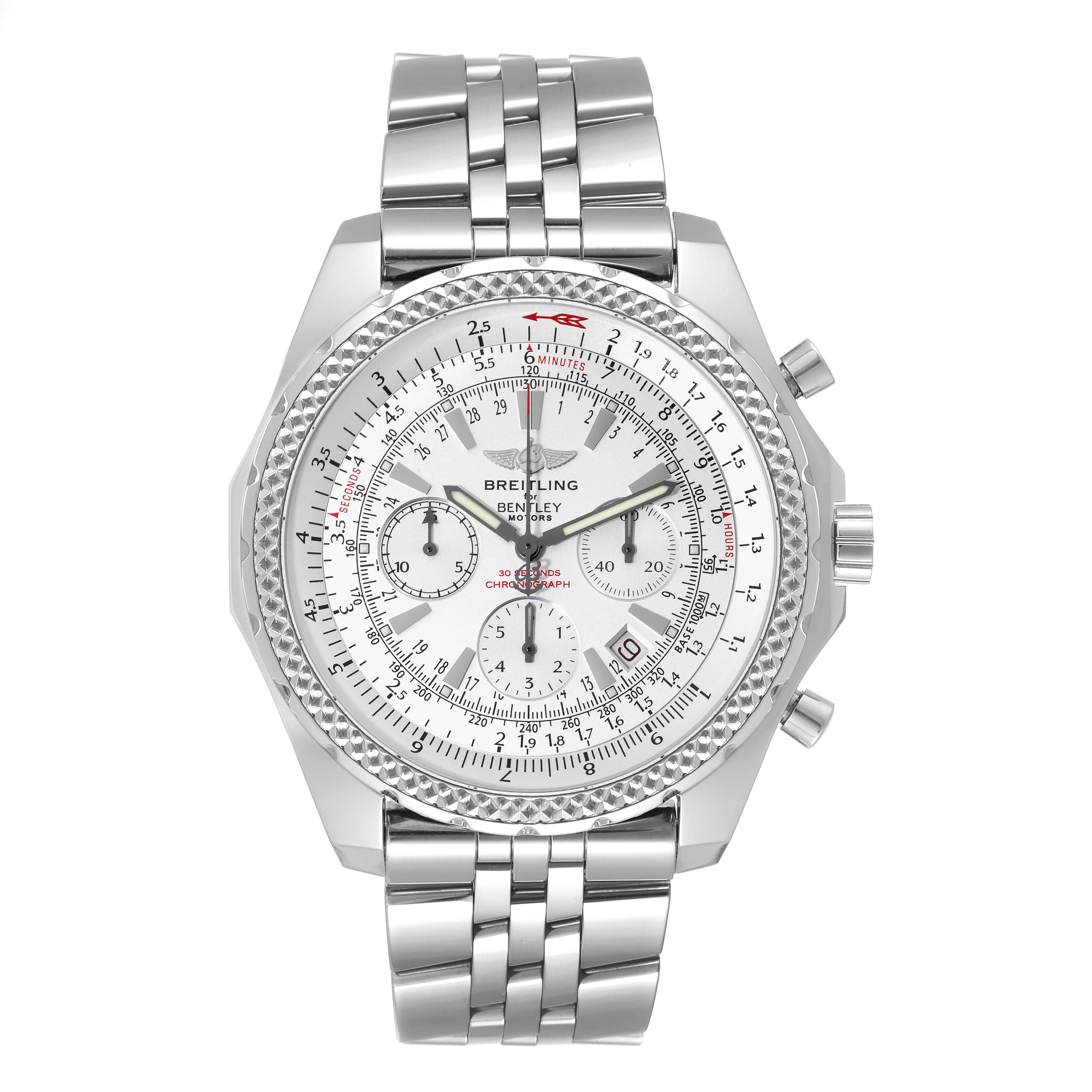This image shows a front view of the Breitling Bentley A25362 Men's Stainless Steel Silver Dial A25362 Men's Stainless Steel Silver Dial model watch, highlighting the dial, bezel, and metal bracelet.