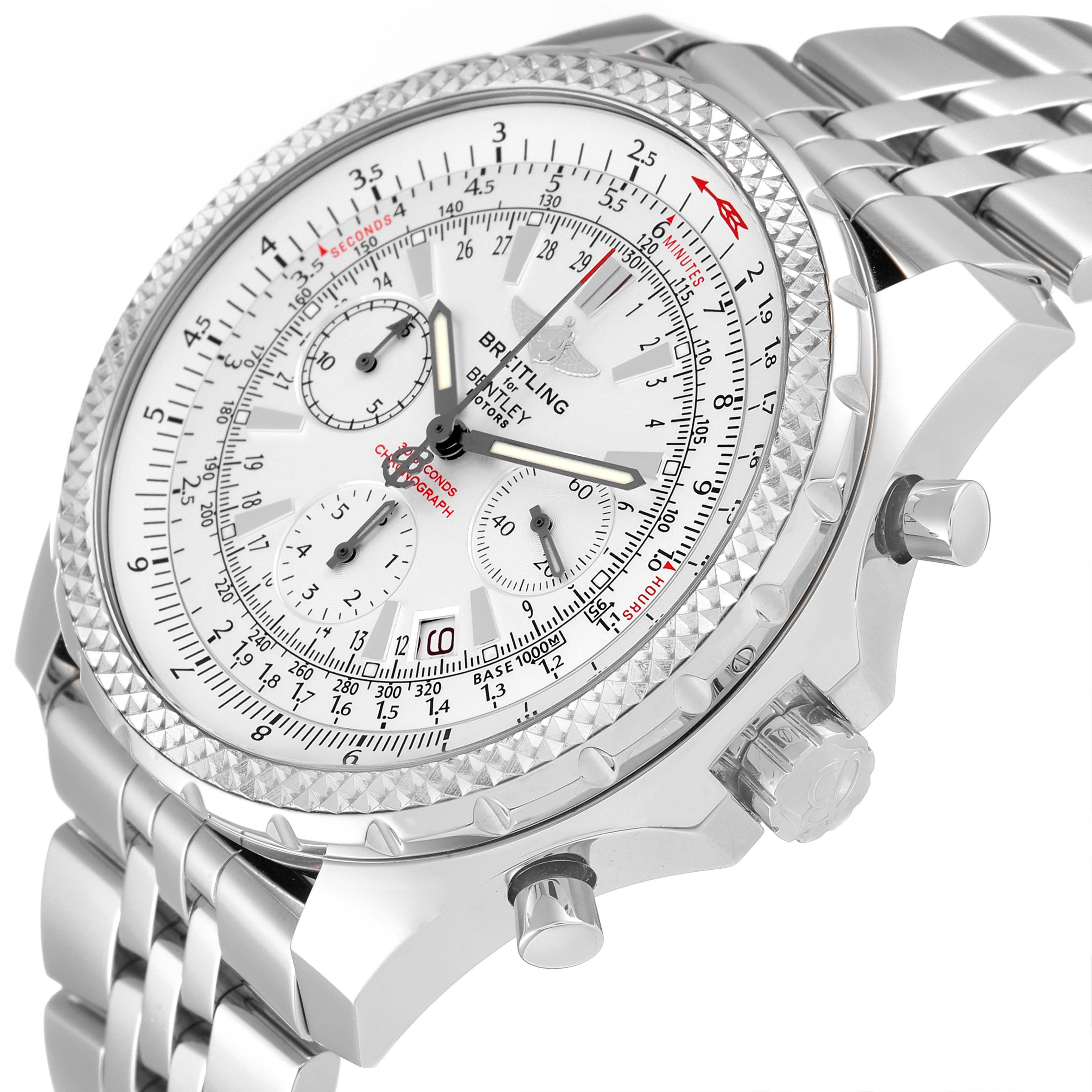 The image shows a close-up angled view of the Breitling Bentley A25362 Men's Stainless Steel Silver Dial A25362 Men's Stainless Steel Silver Dial watch, highlighting its dial, bezel, and stainless steel bracelet.