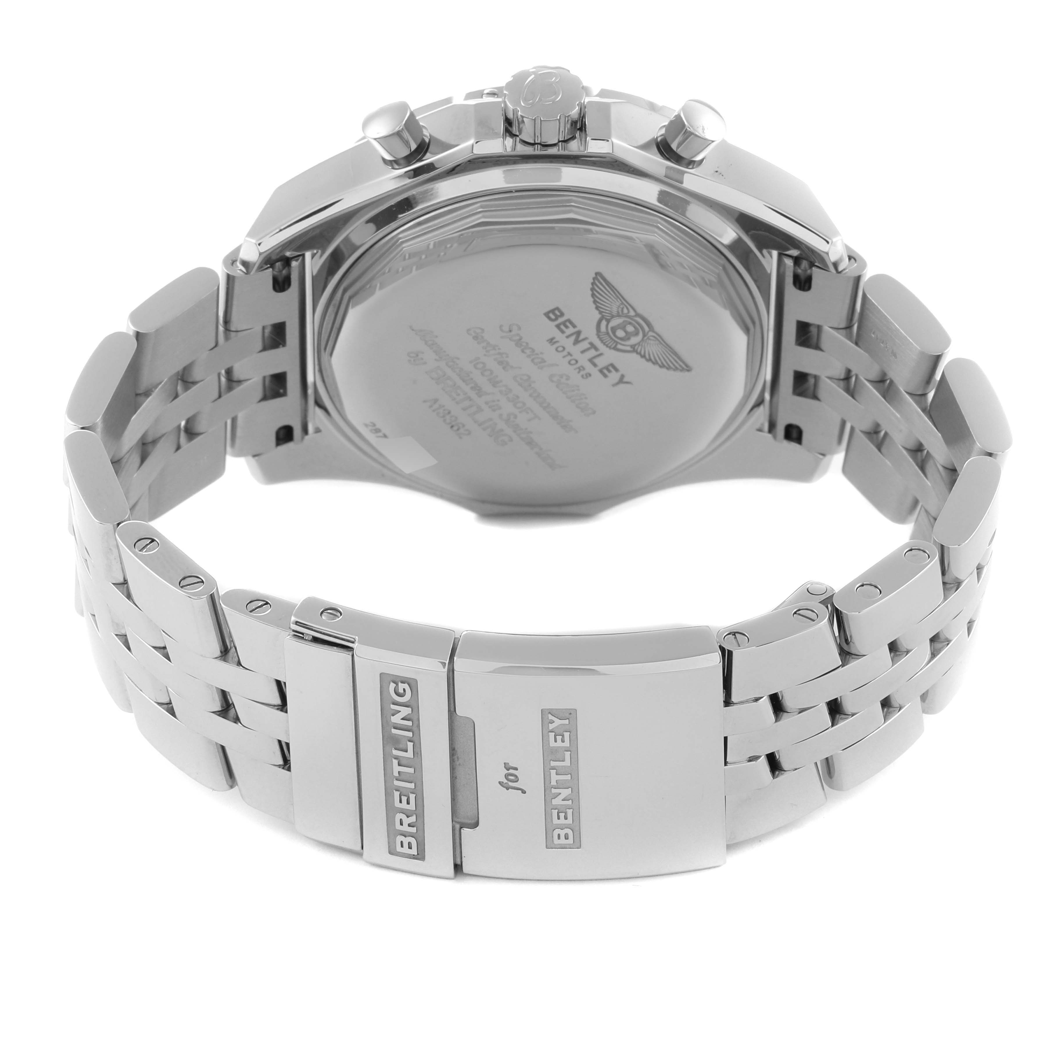 The image shows the back case, bracelet, and clasp of the Bentley model by Breitling, viewed from a rear angle.