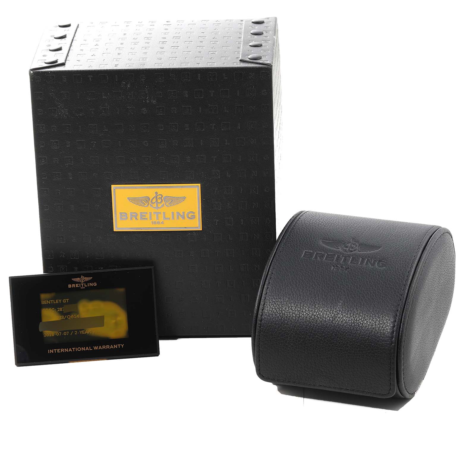 The image shows the box, a black leather case, and the warranty card for the Breitling Bentley A13362 Men's Stainless Steel Brown Dial A13362 Men's Stainless Steel Brown Dial model watch.