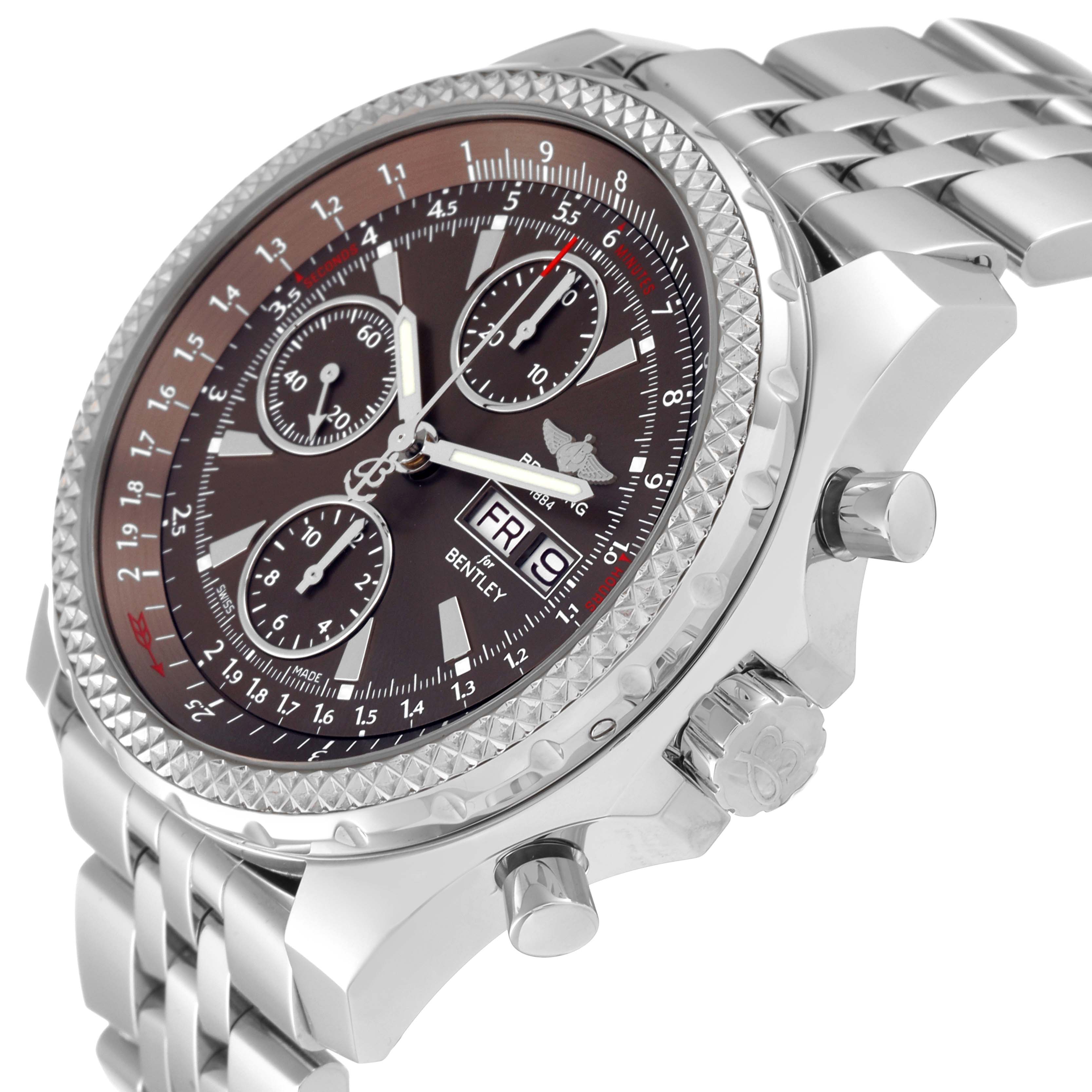 The image shows a side view of the Breitling Bentley A13362 Men's Stainless Steel Brown Dial A13362 Men's Stainless Steel Brown Dial watch, highlighting its dial, bezel, pushers, and metal bracelet.