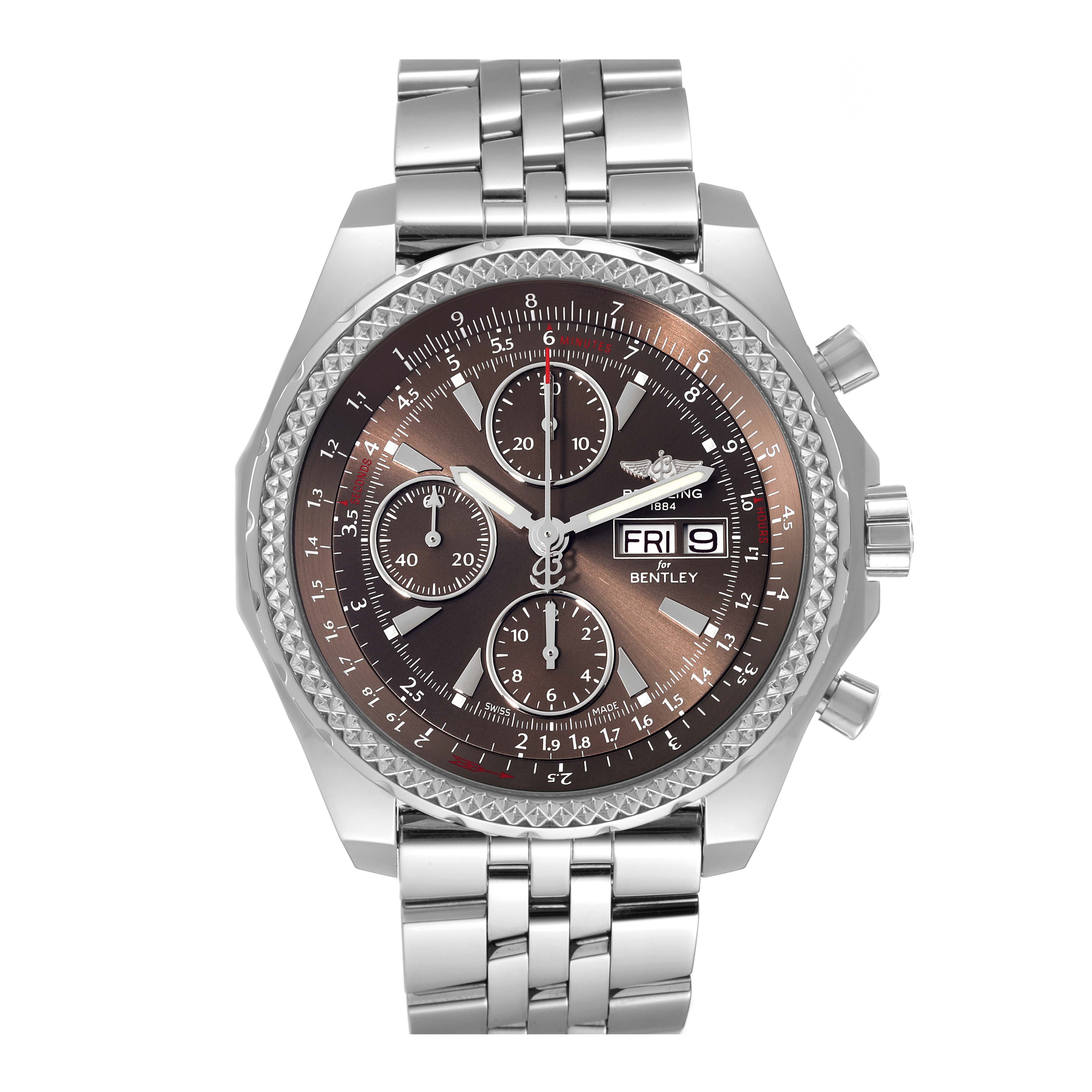 The image shows a front view of the Breitling Bentley A13362 Men's Stainless Steel Brown Dial A13362 Men's Stainless Steel Brown Dial model watch, highlighting its dial, bezel, and stainless steel bracelet.